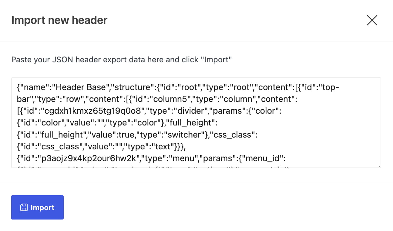 Import new header dialog with JSON paste area and Import button