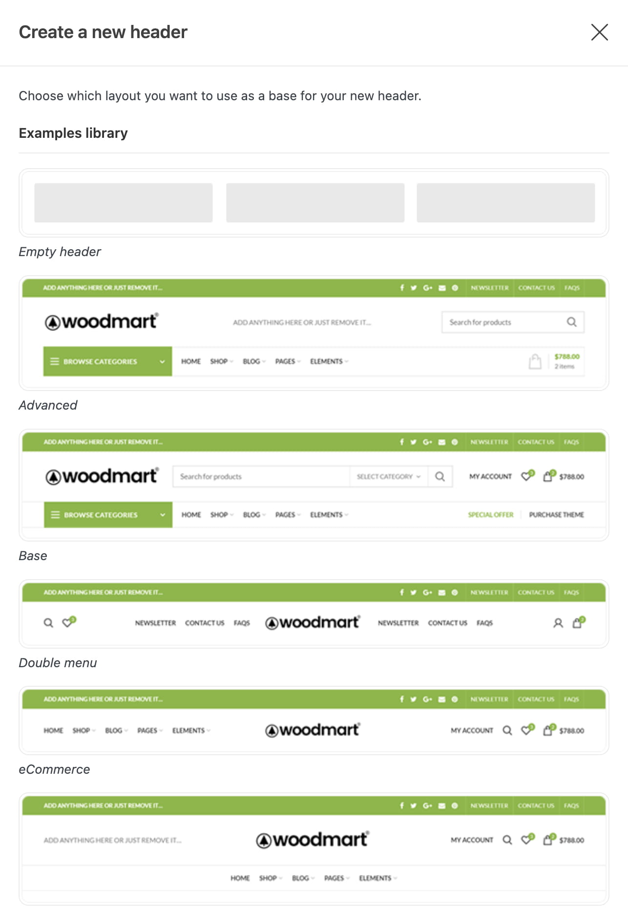 Header layout examples for a website builder