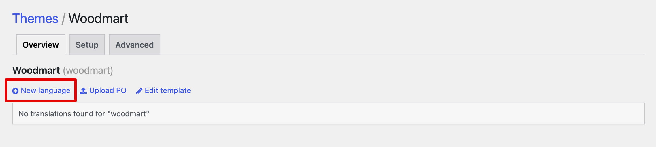 Woodmart translation settings page with the “New language” button highlighted