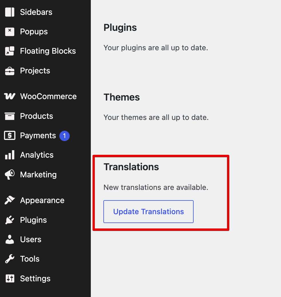 WordPress admin screen showing a Translations section with new translations available and an Update Translations button