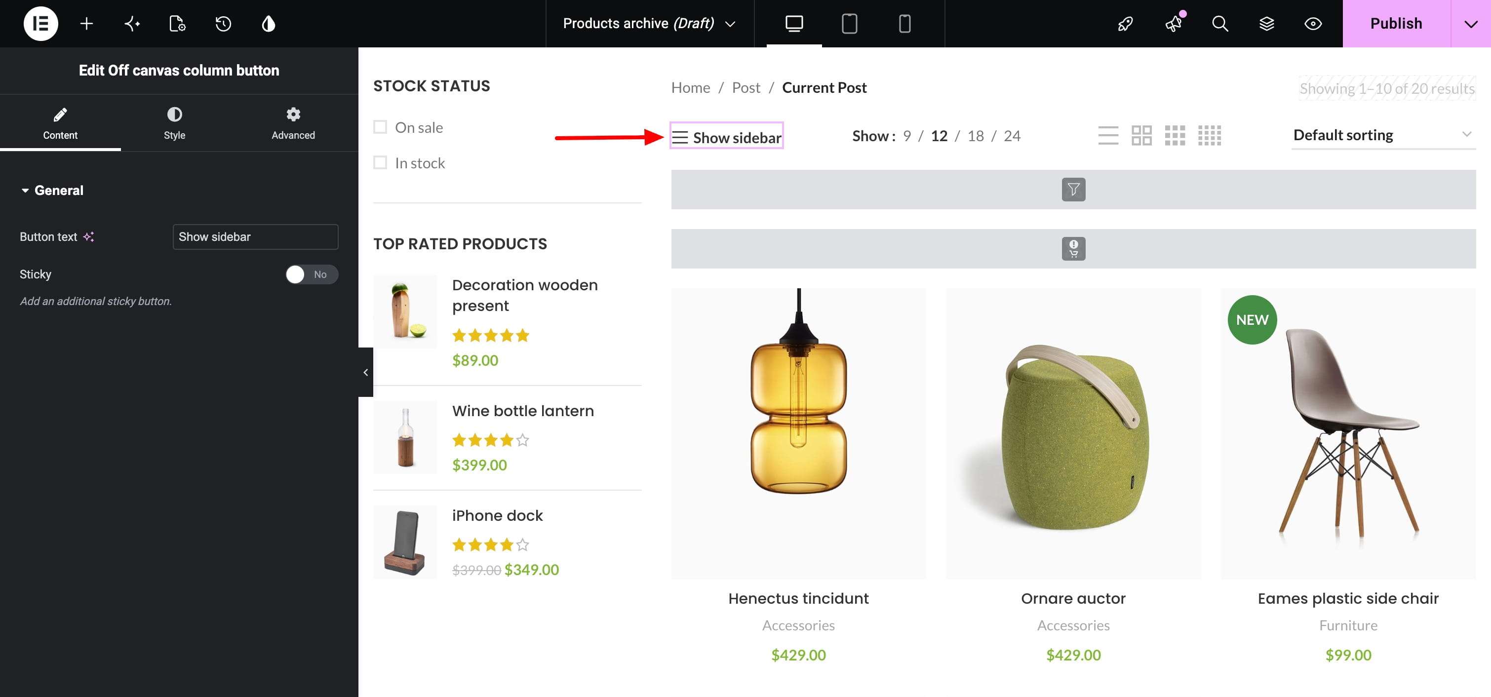 Edit off canvas column button