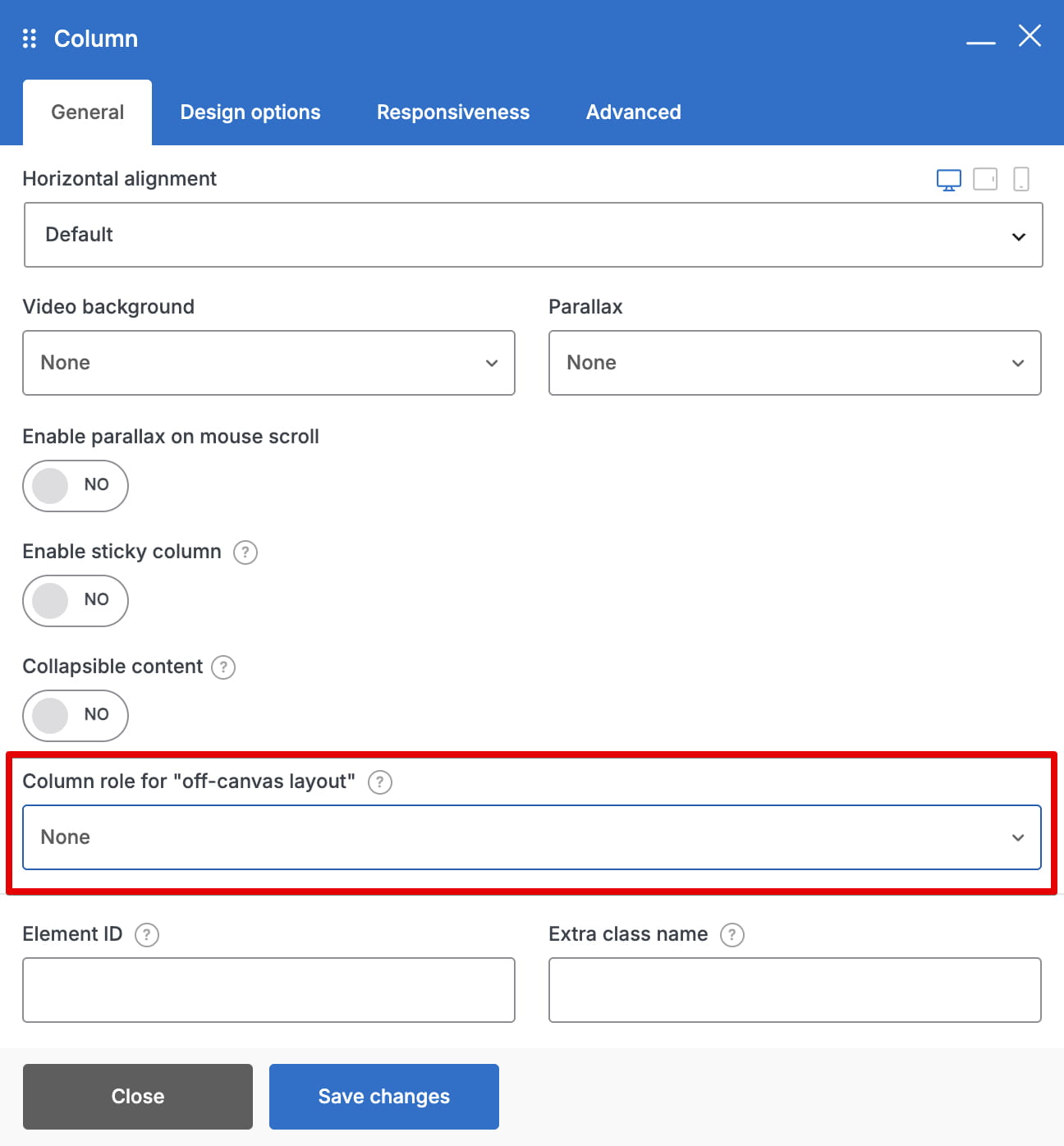 Settings dialog for a column, with the off-canvas layout role field highlighted