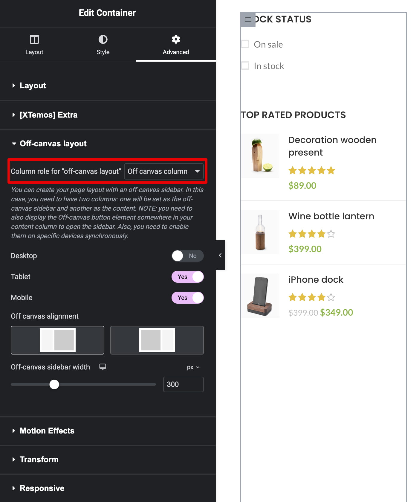 Screenshot of a page builder showing off-canvas layout settings and a product sidebar preview