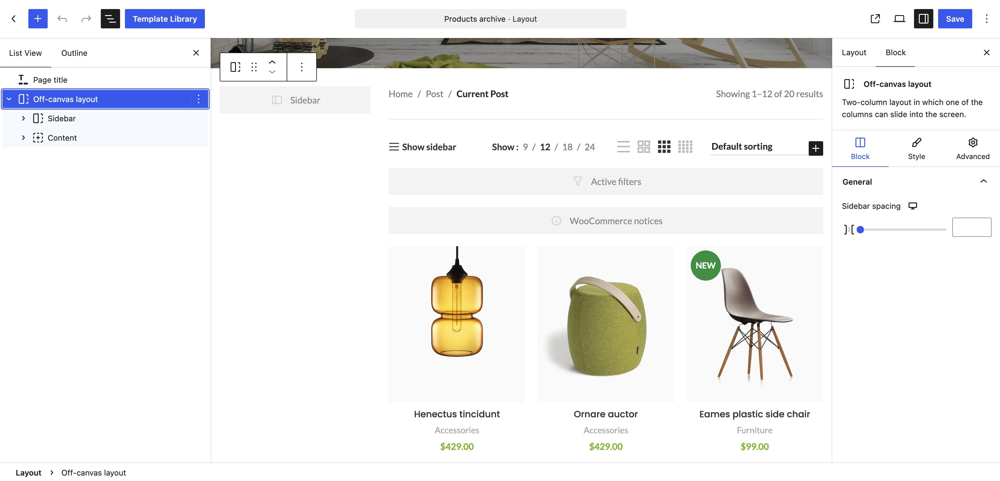 WordPress block editor showing an off-canvas layout for a products archive page
