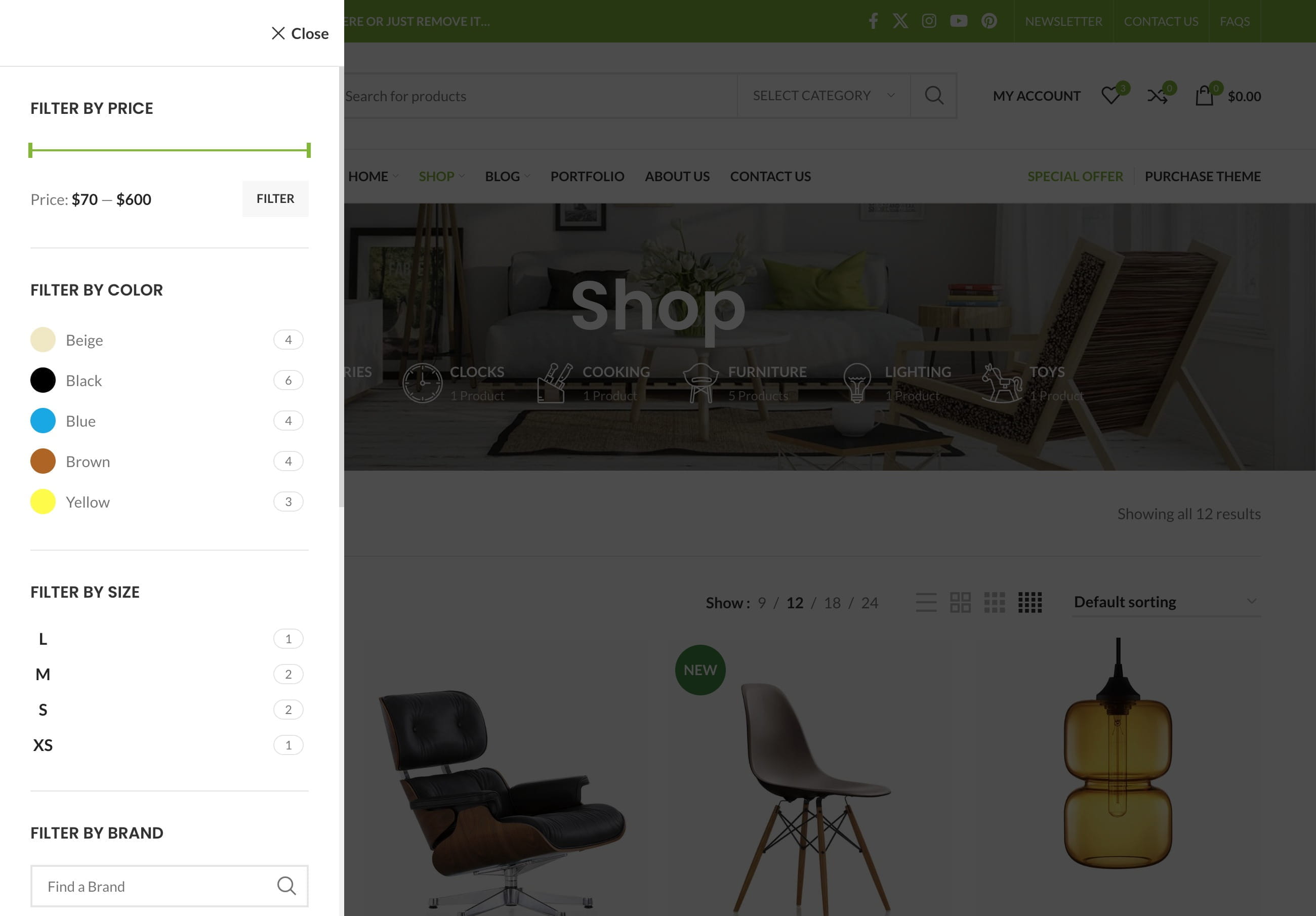 Product filter sidebar with price, color, size, and brand options