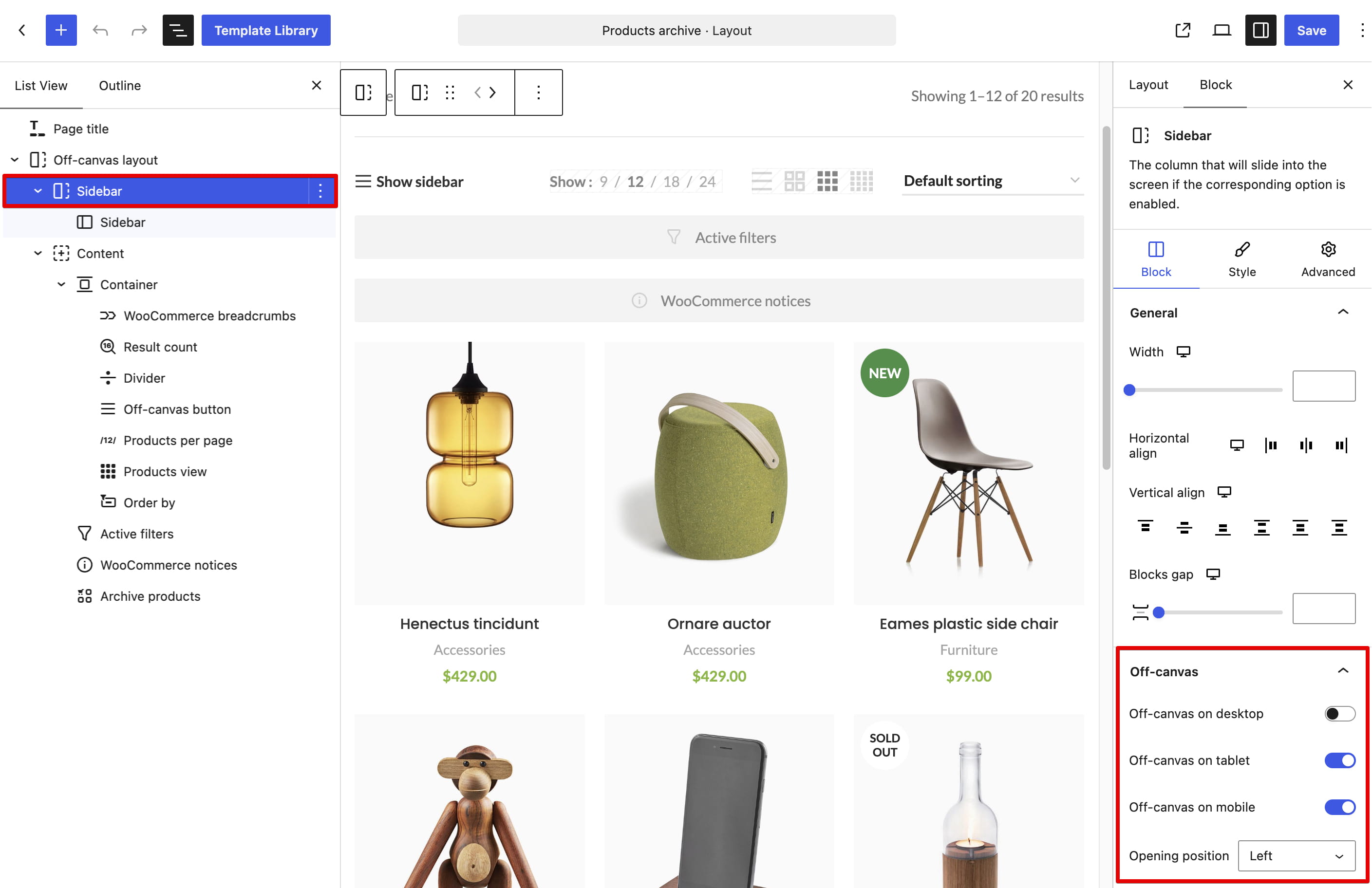 Off canvas sidebar settings on product archive layout