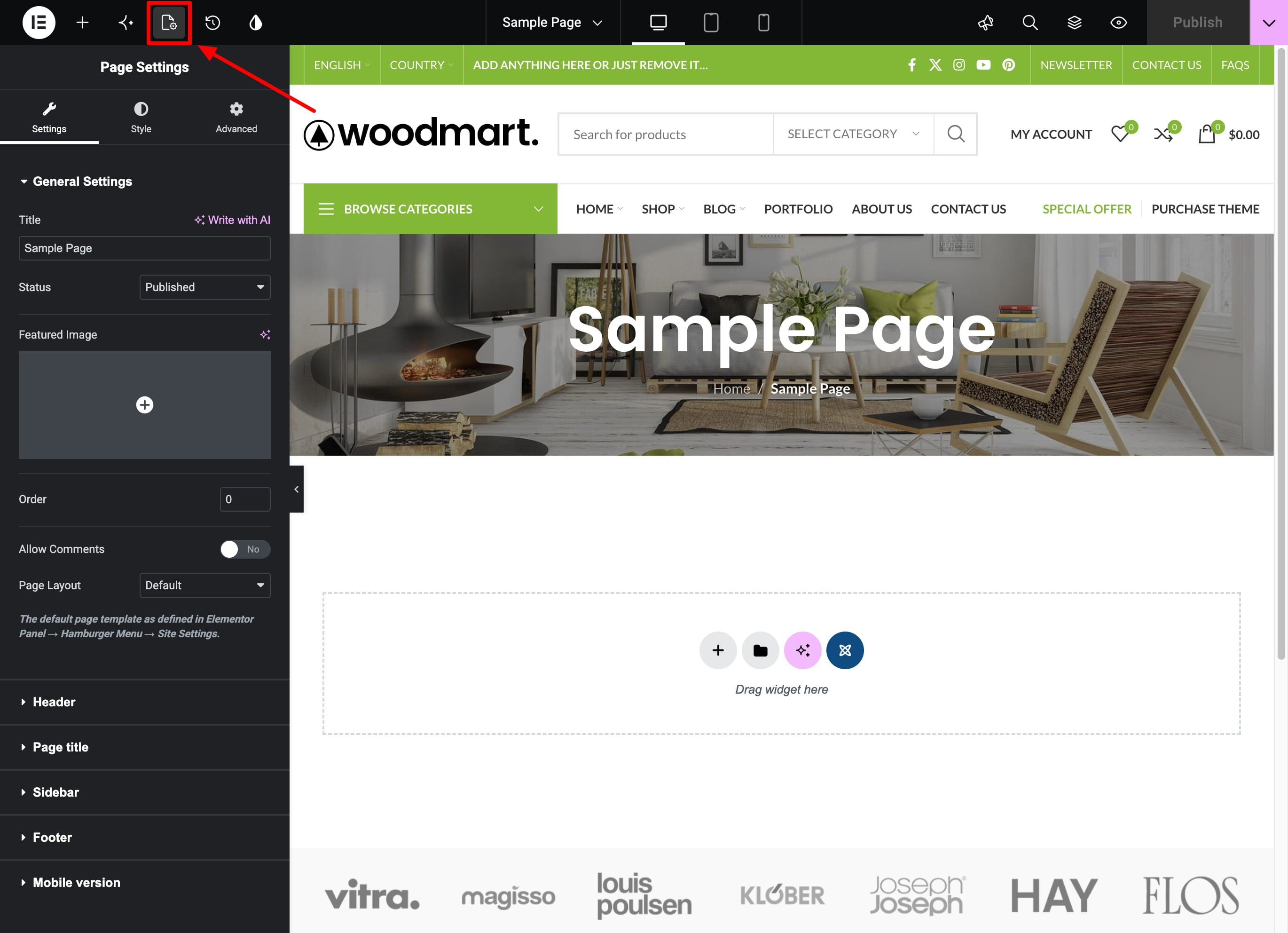 Page settings button