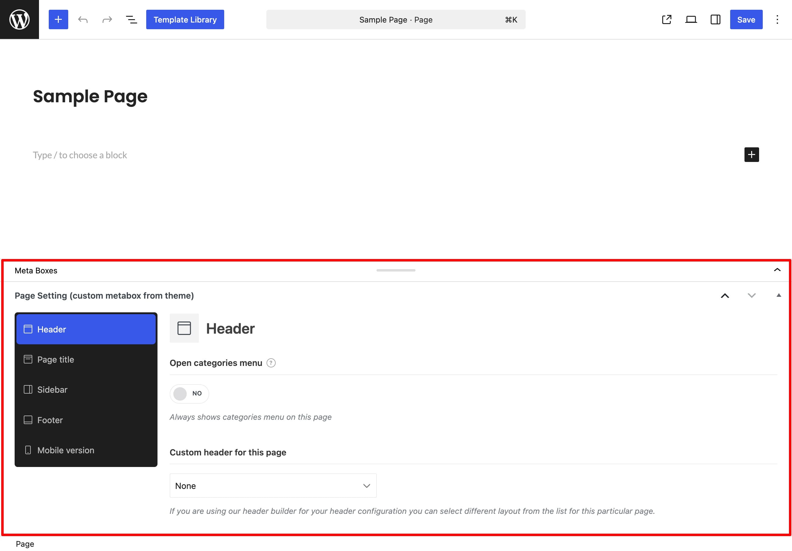 Page settings meta boxes