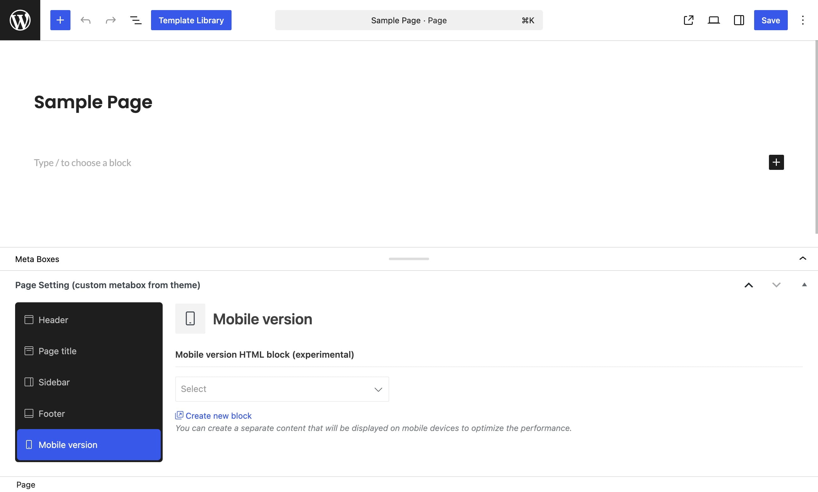 Woodmart page settings showing the Mobile version settings panel