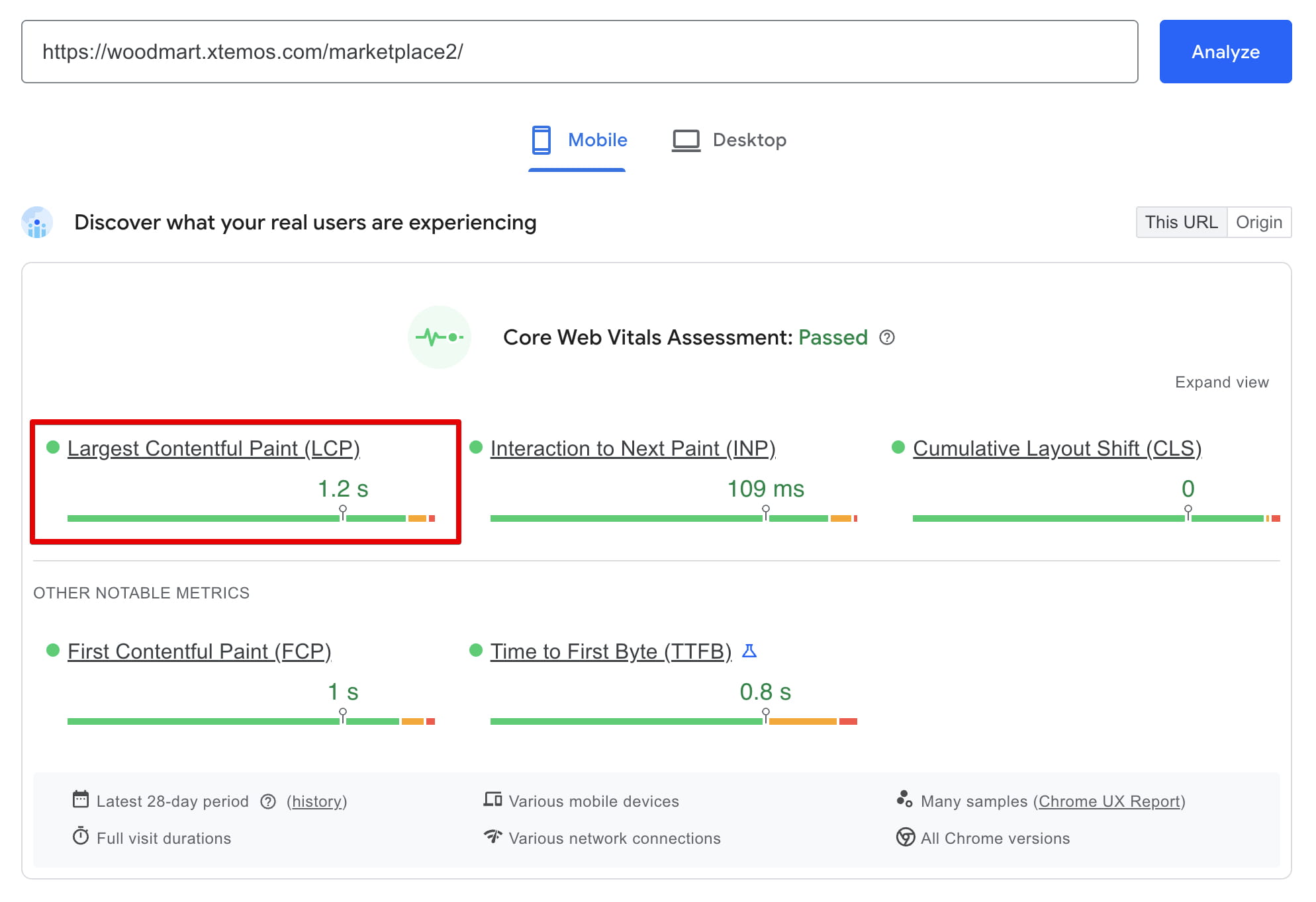 Mobile Core Web Vitals report passed; Largest Contentful Paint is highlighted at 1.2 seconds