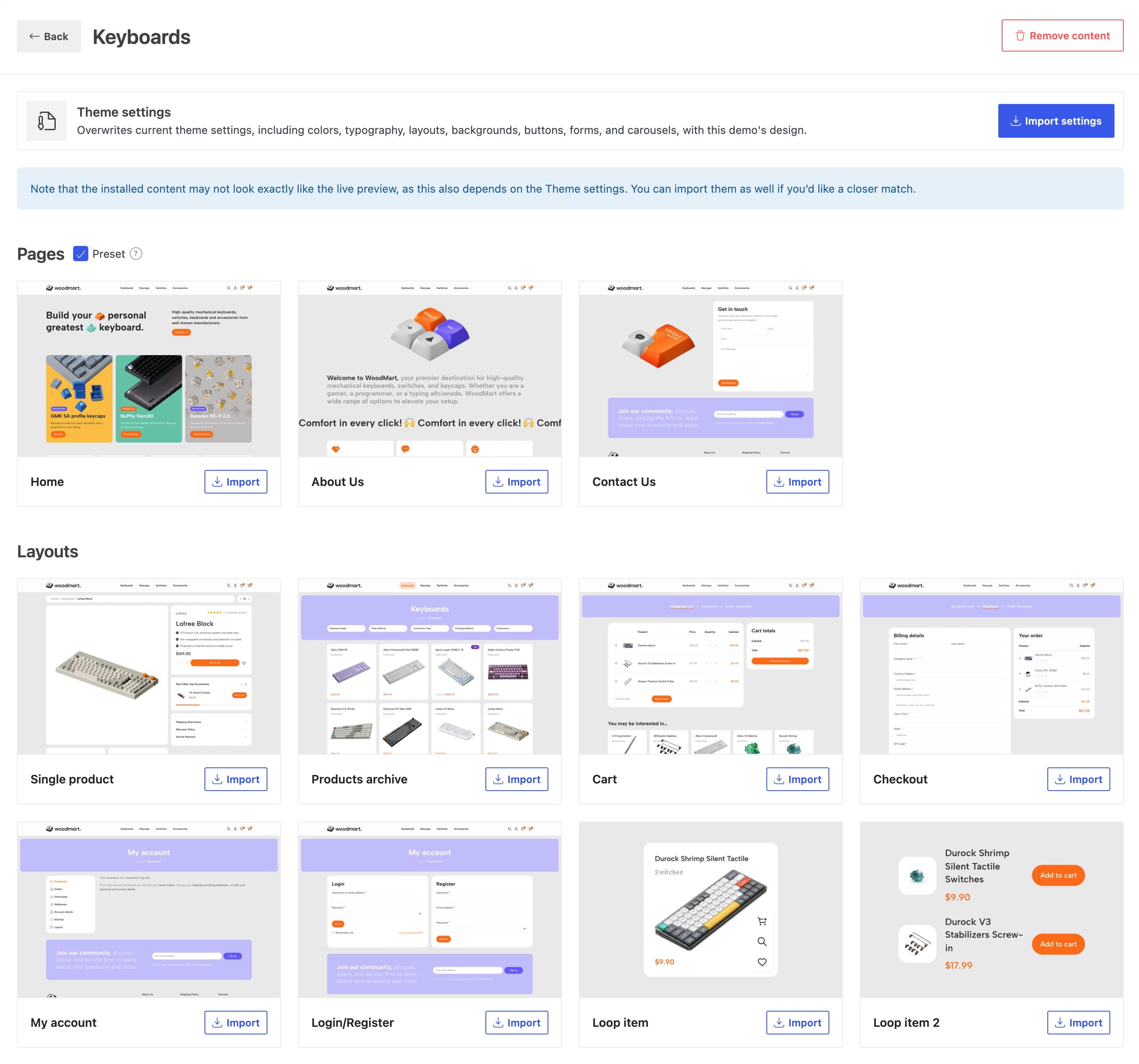Keyboard theme settings page showing importable page and layout templates for a keyboard store website