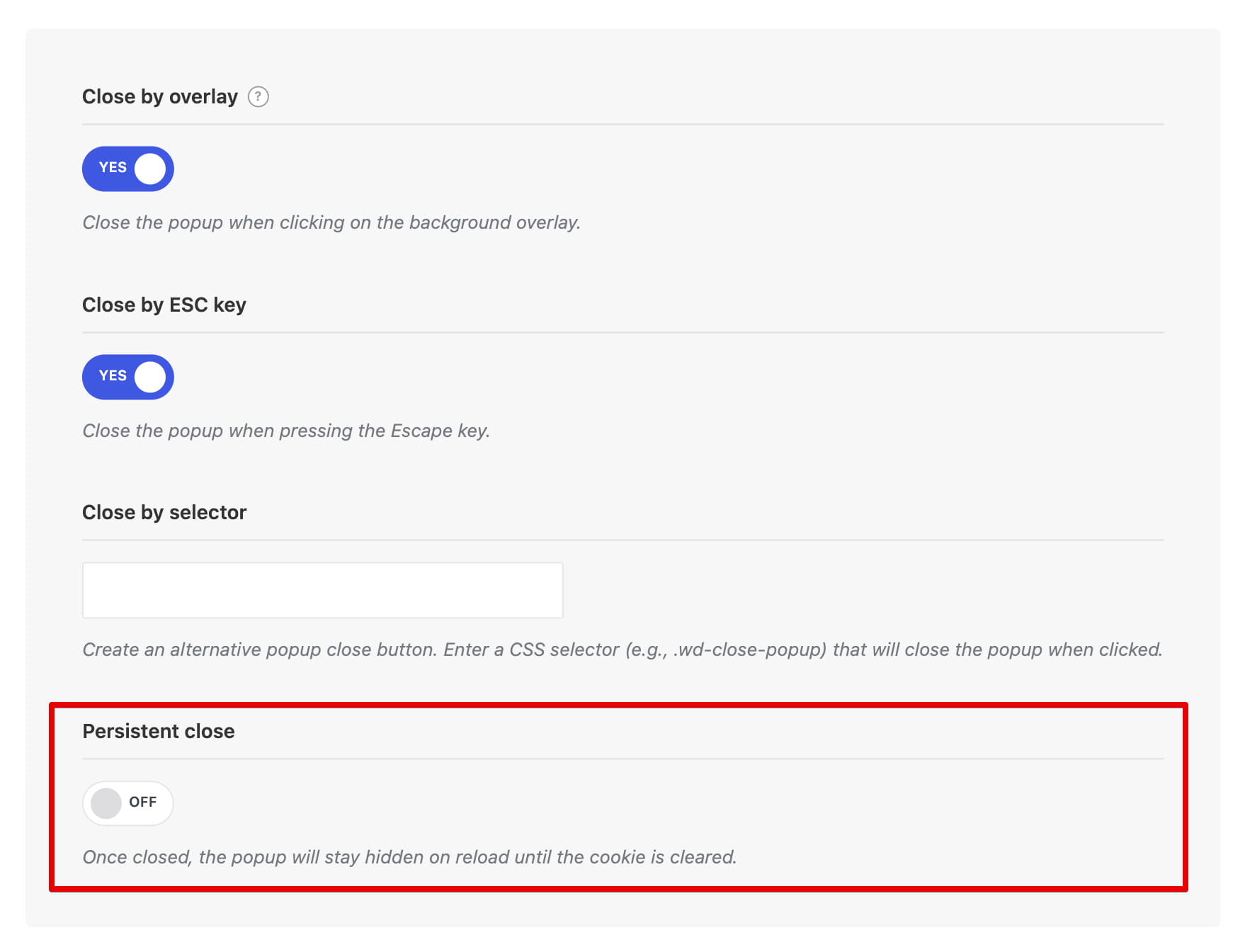 Persistent close popup option