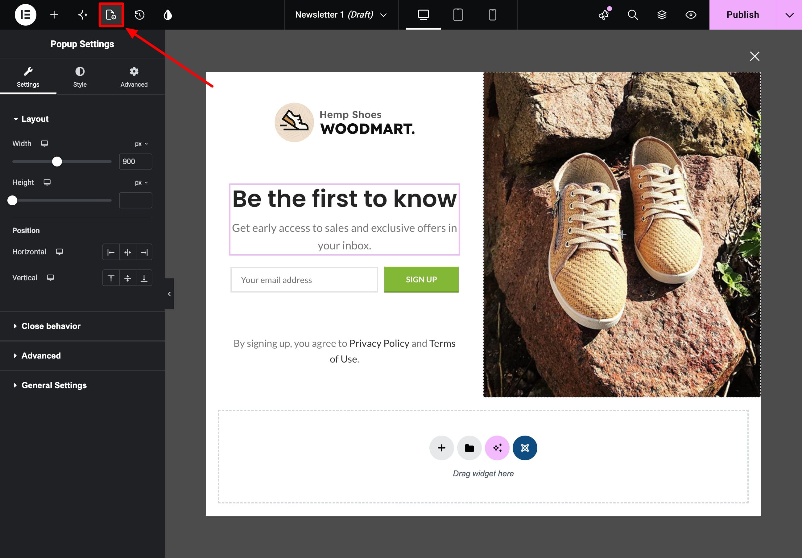 Popup settings in Elementor page builder