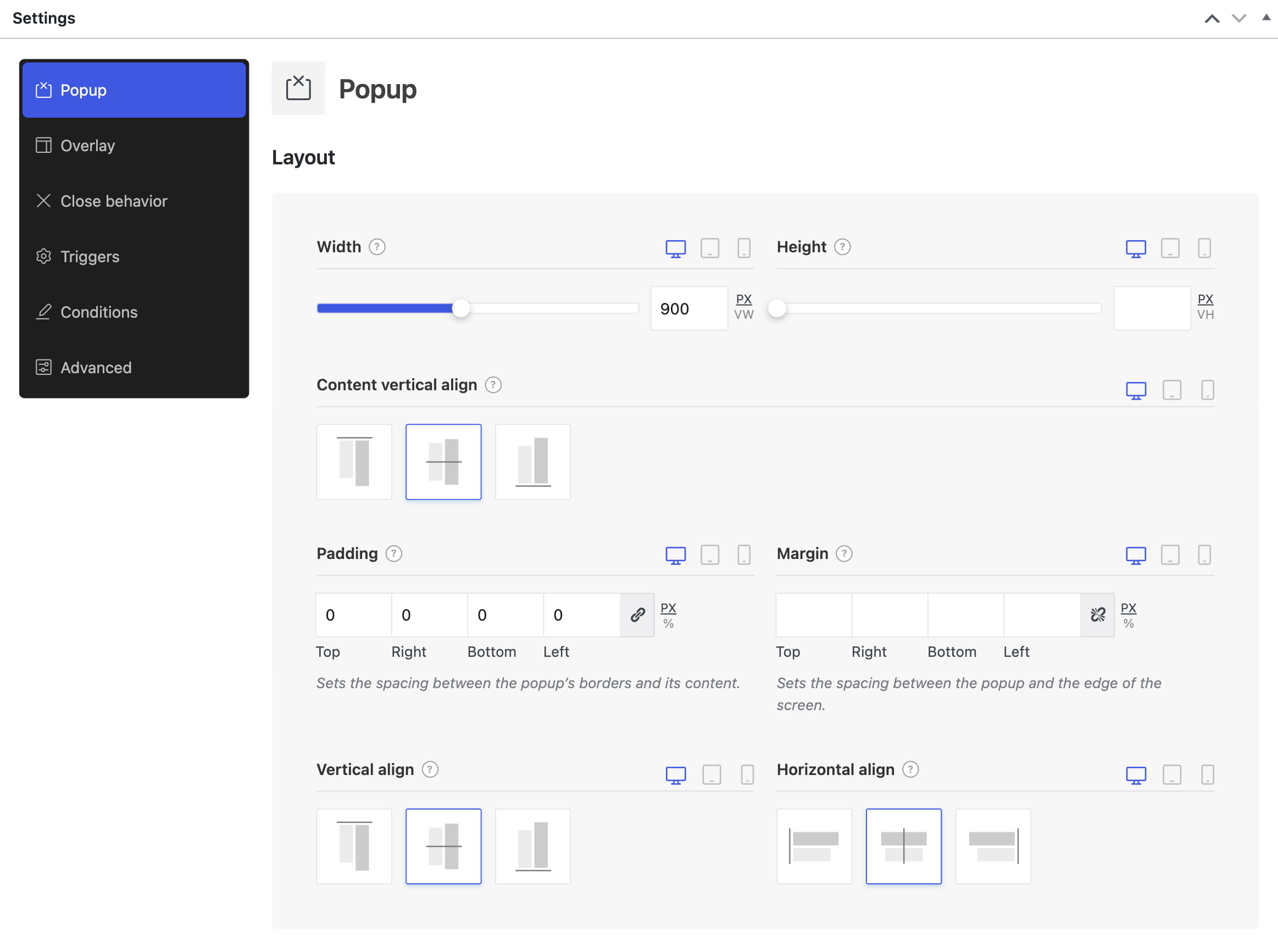 Popup settings in WPBakery page builder