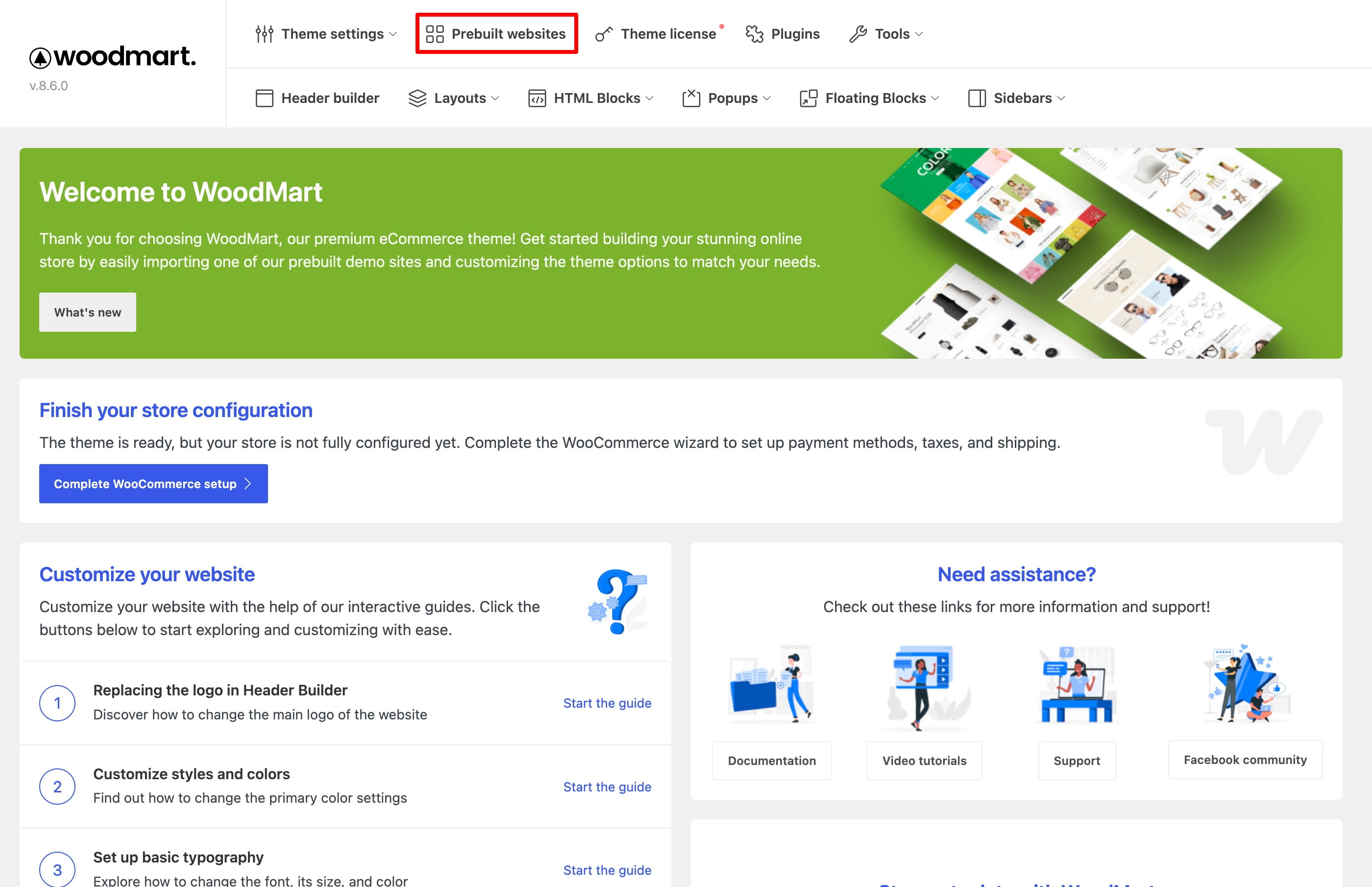 WoodMart theme dashboard with the “Prebuilt websites” menu highlighted in red