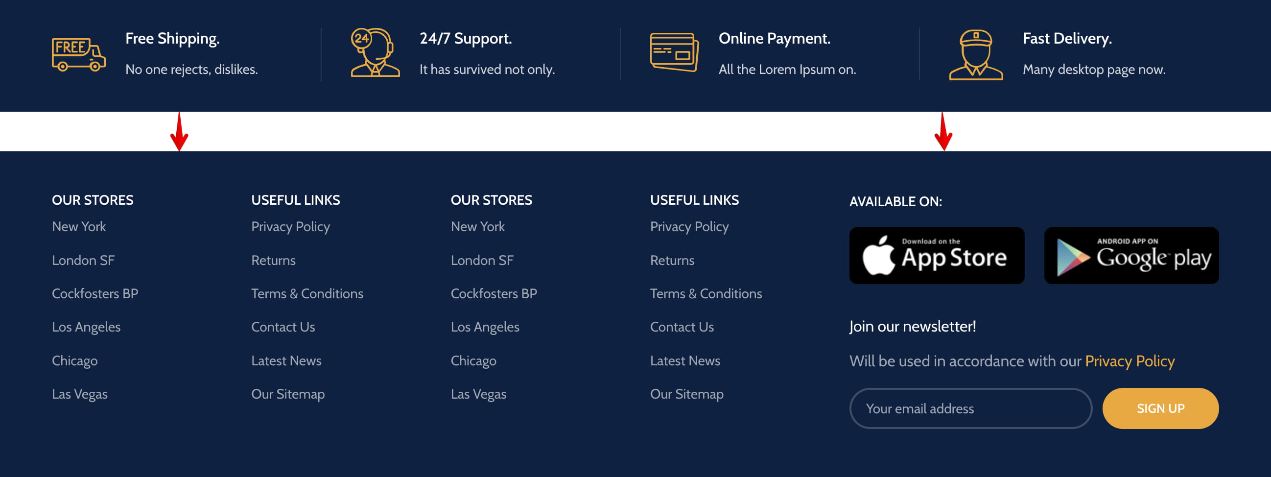 Website footer showing shipping benefits, store and useful links, app download badges, and newsletter signup