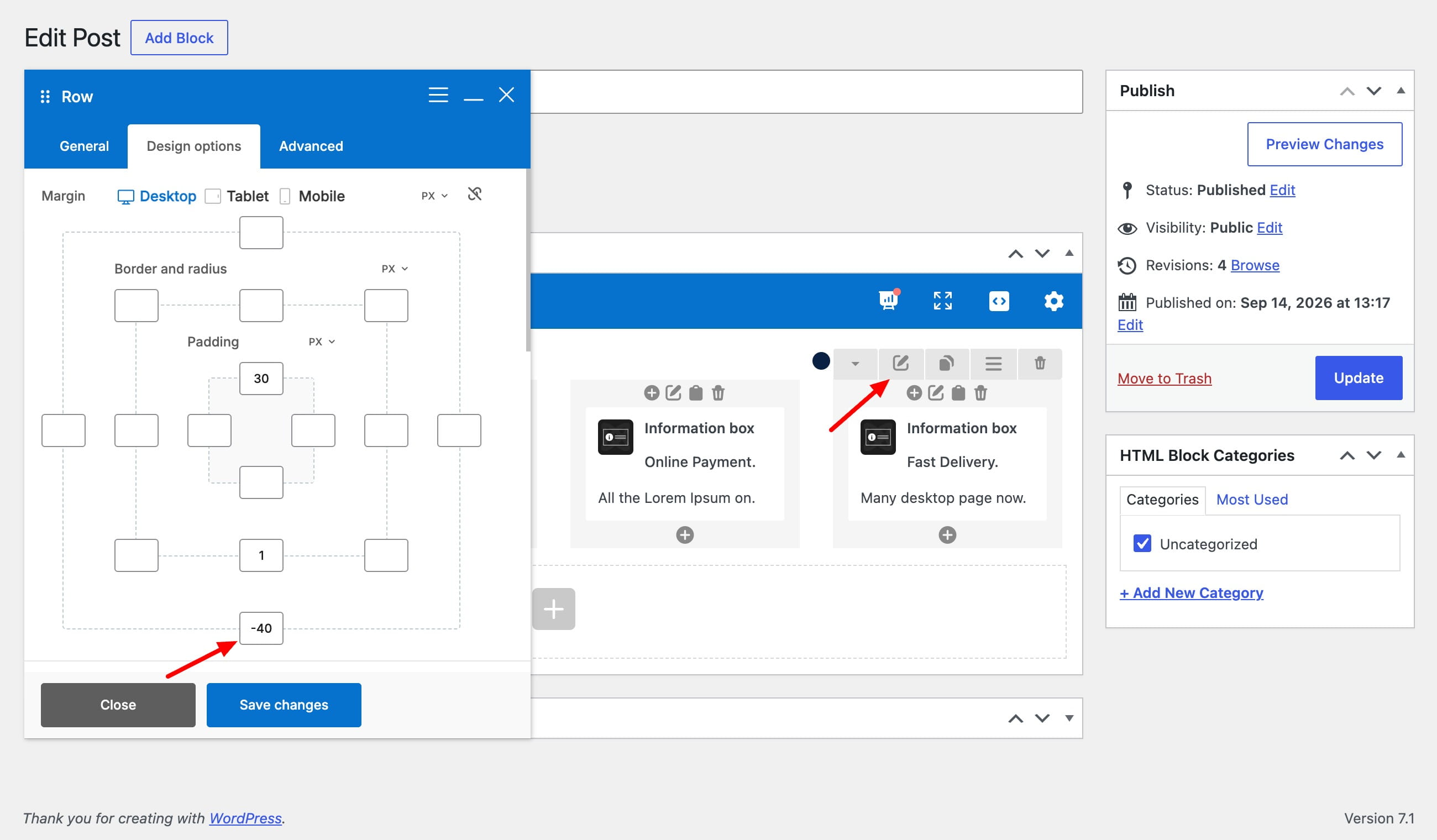 WordPress editor showing row design settings and red arrows highlighting margin and edit controls