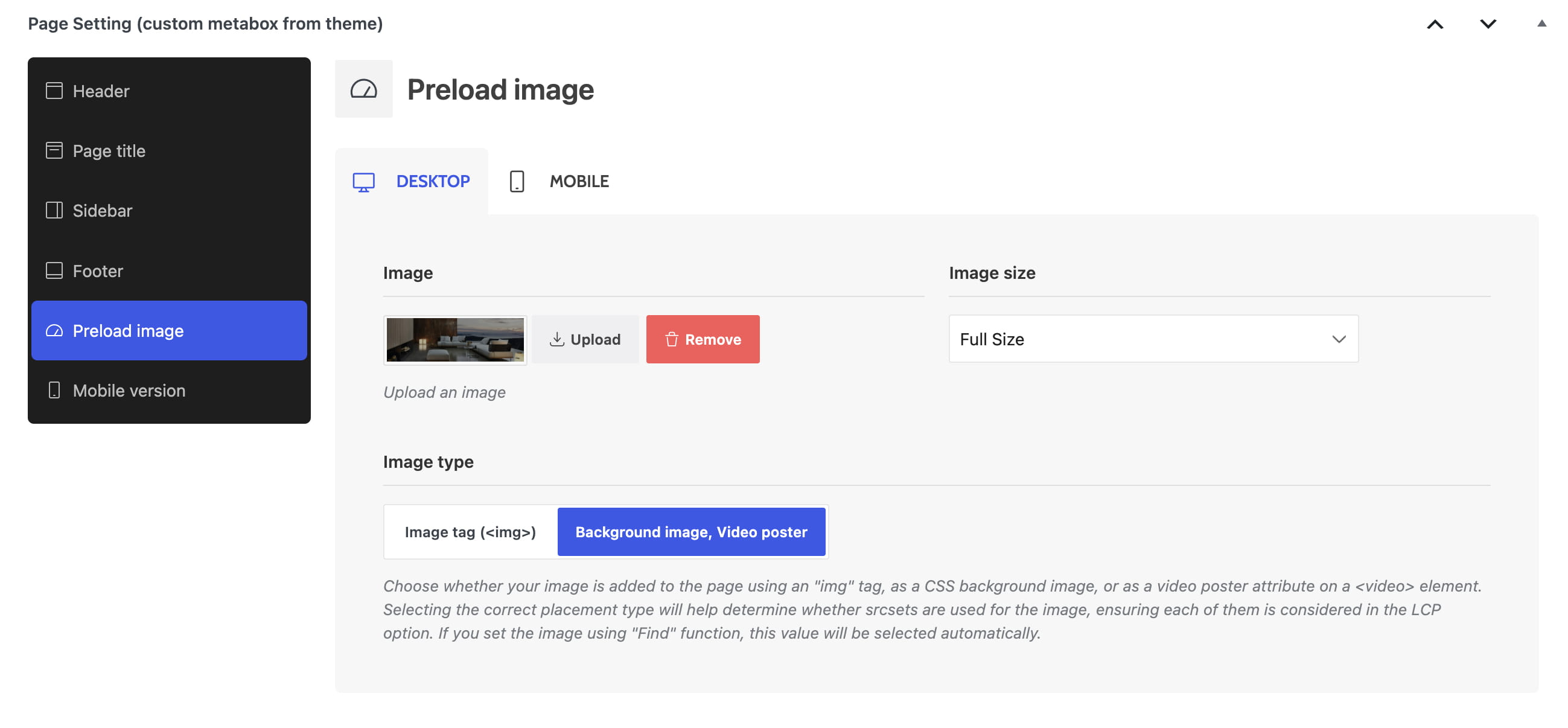 Page Setting screen for configuring a preload image, with desktop selected and image type set to Background image or Video poster
