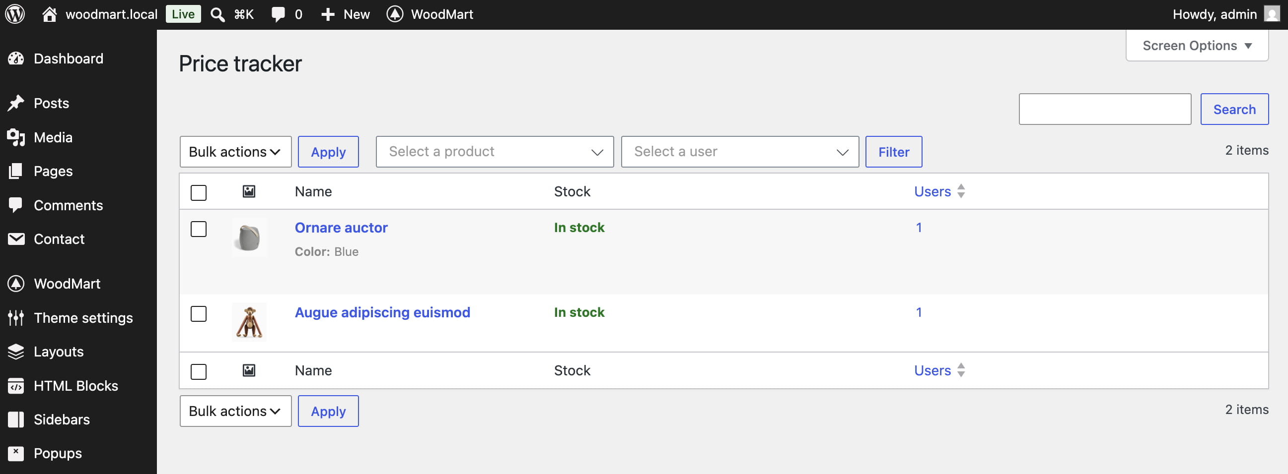 Price tracker product list with stock status and user counts