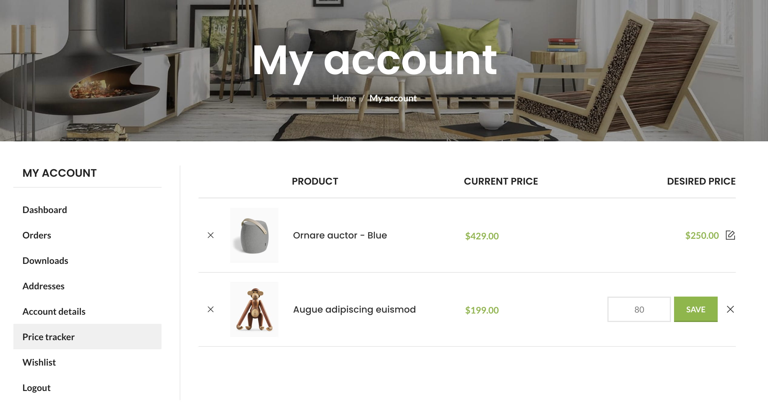 My account page with price tracker and product price list