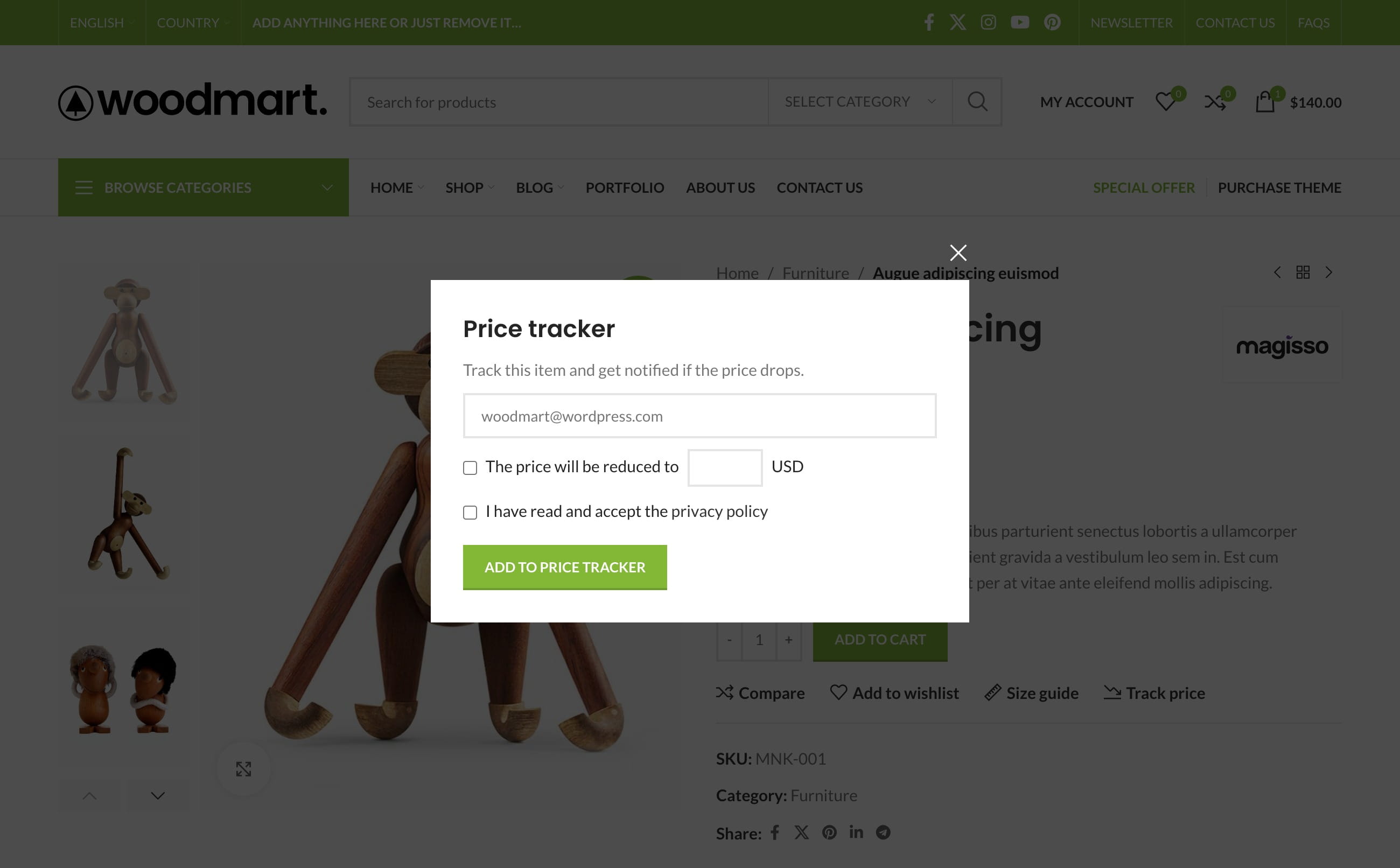 Price tracker dialog to get notified when the item’s price drops
