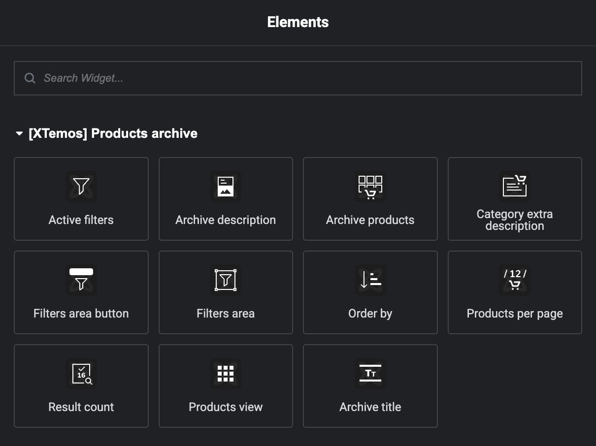 Product archive layout elements in Elementor