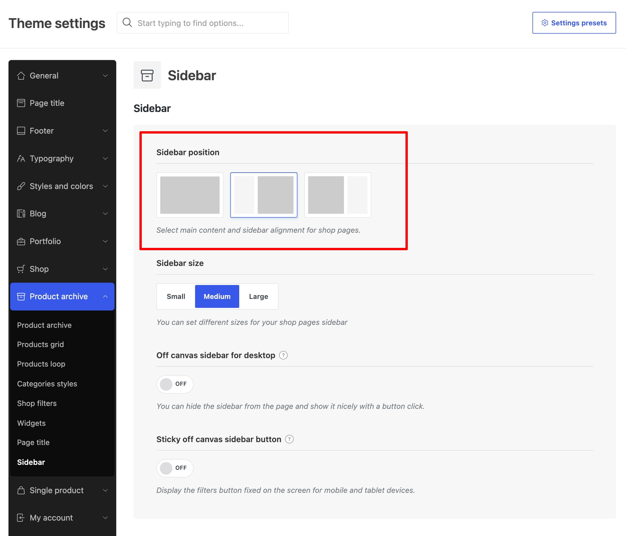 product archive sidebar settings