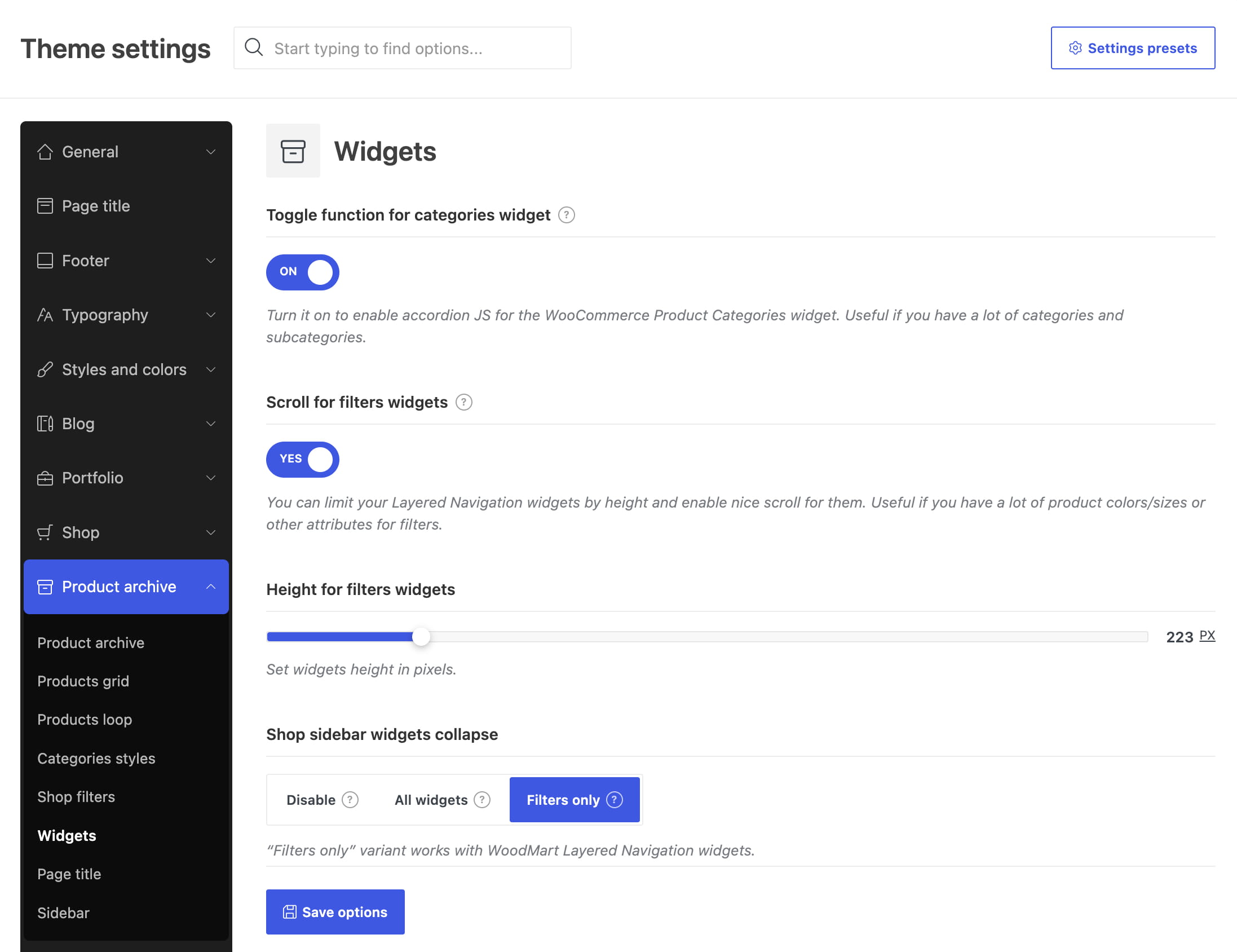 product archive widget settings
