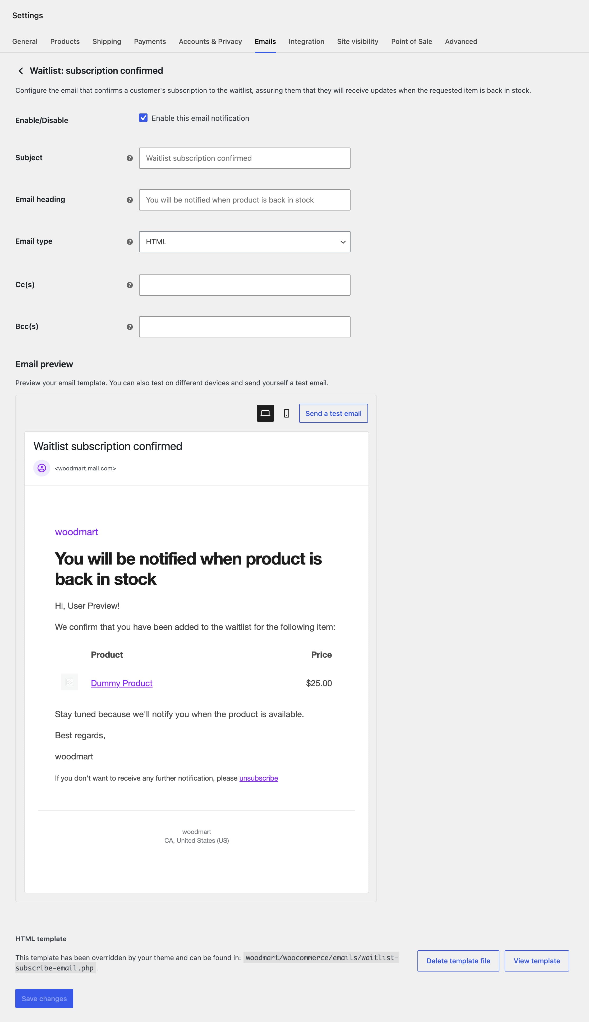 Email settings page for the waitlist subscription confirmation template with an email preview