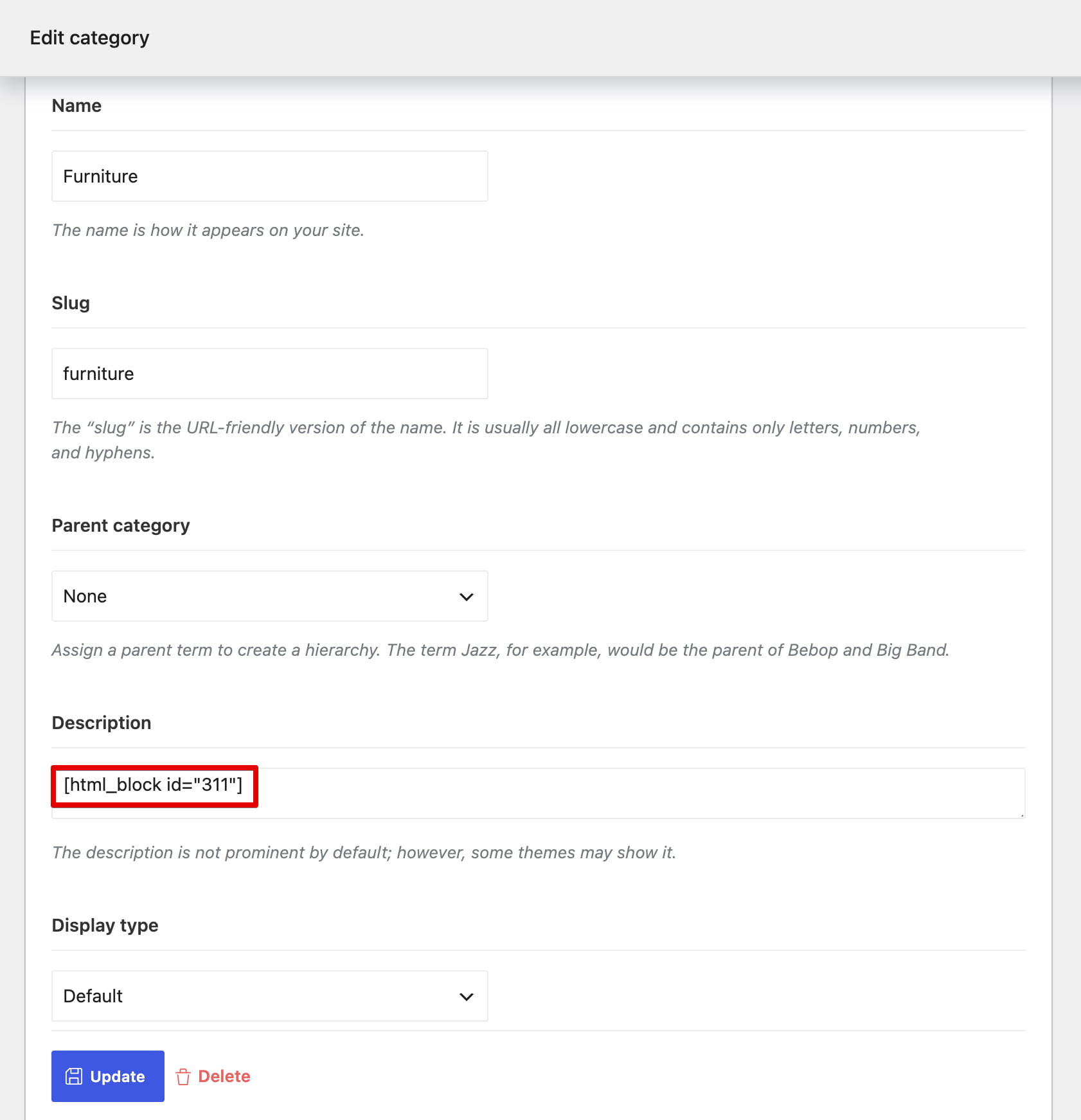 WordPress category edit form showing the description field html block