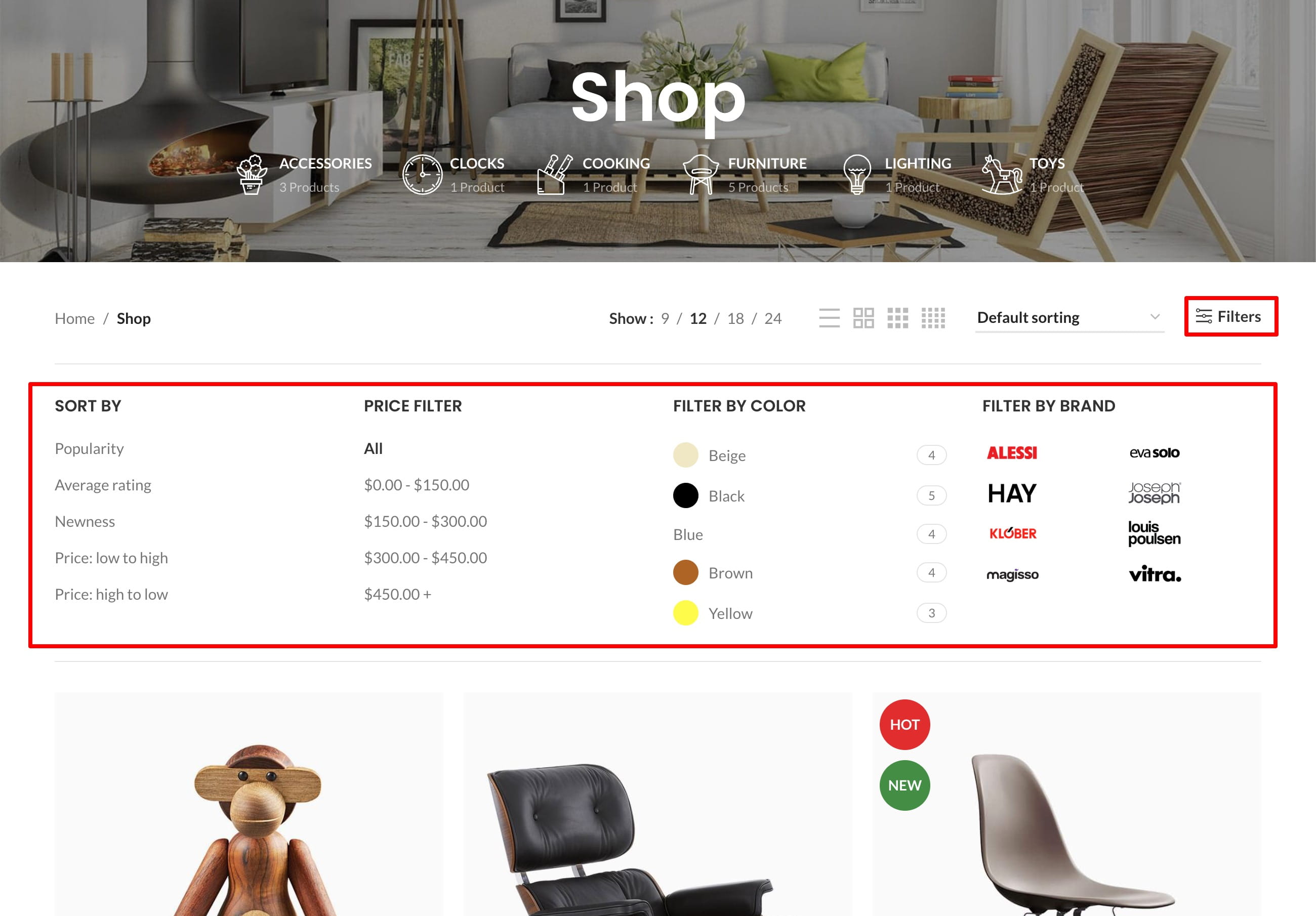 Shop page filter options