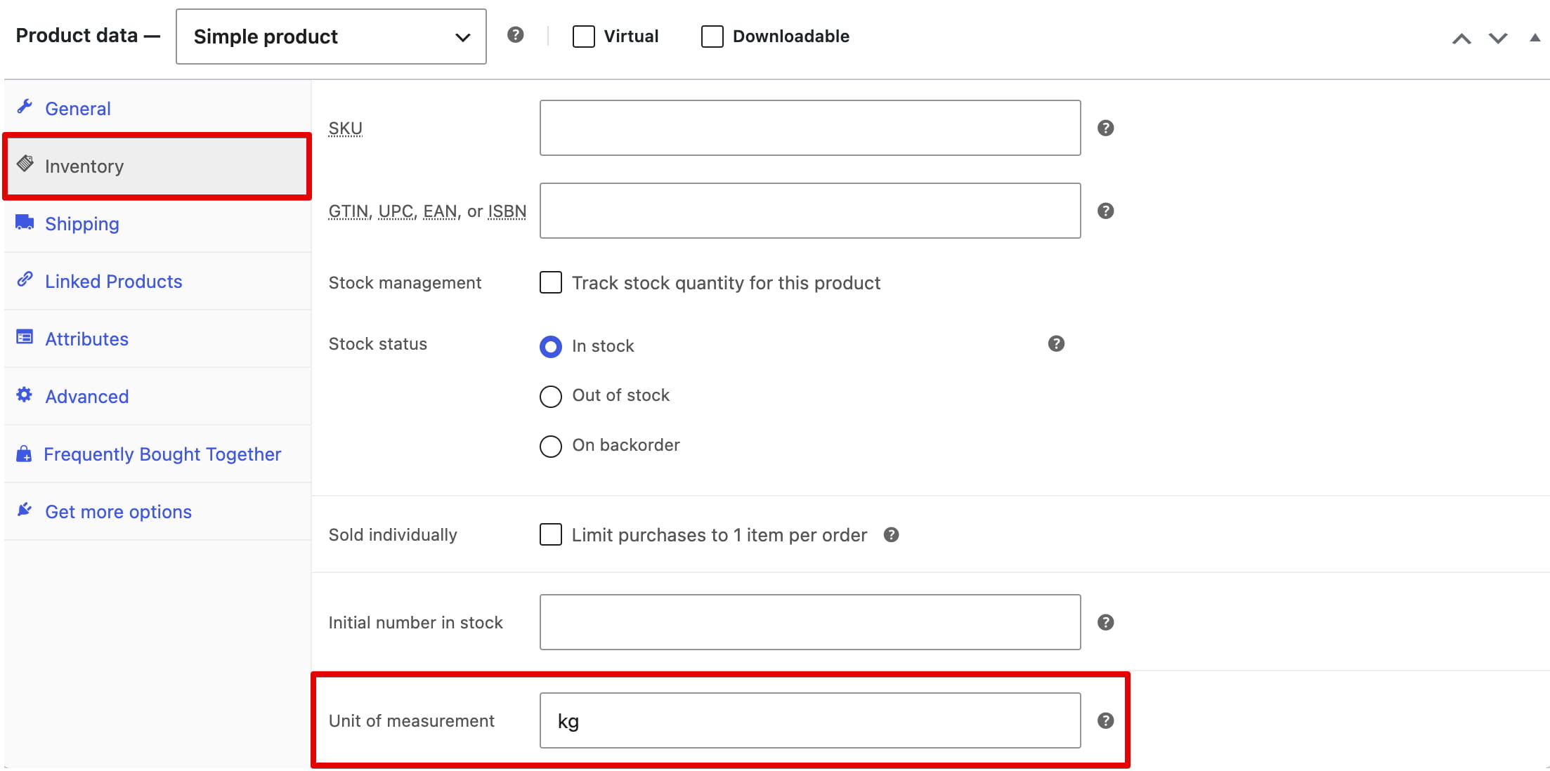 Inventory settings with unit of measurement set to kg