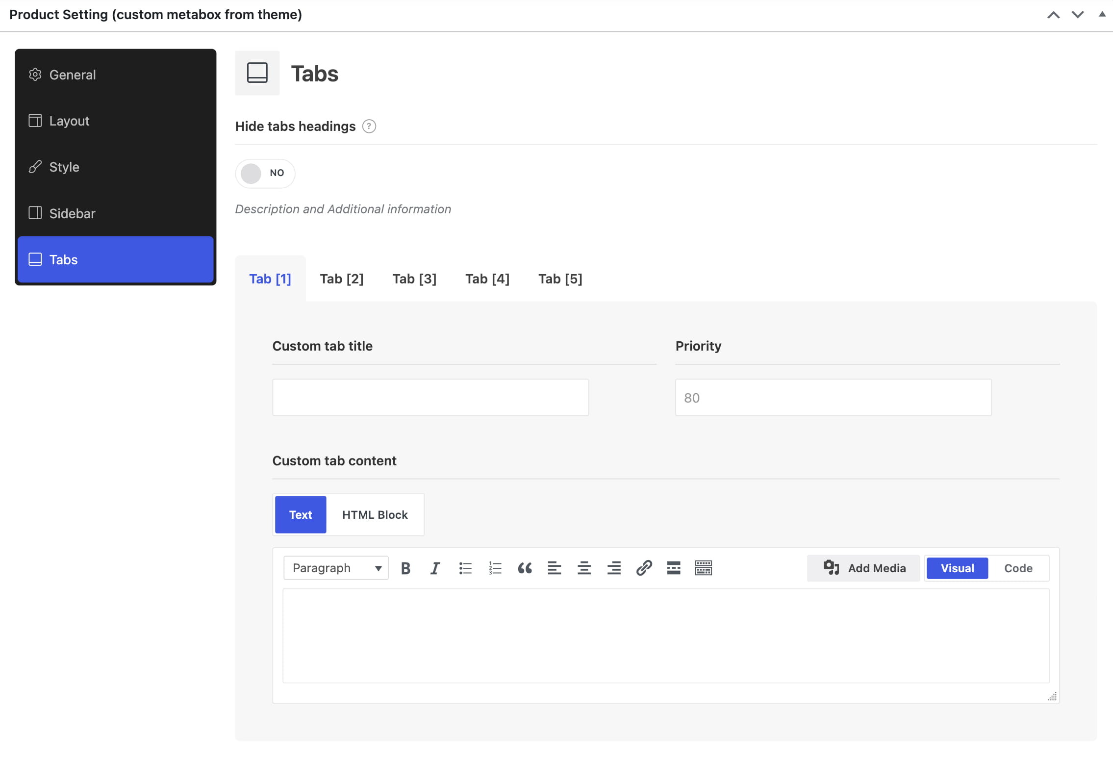 Tabs settings panel with fields for custom tab title, priority, and content editor