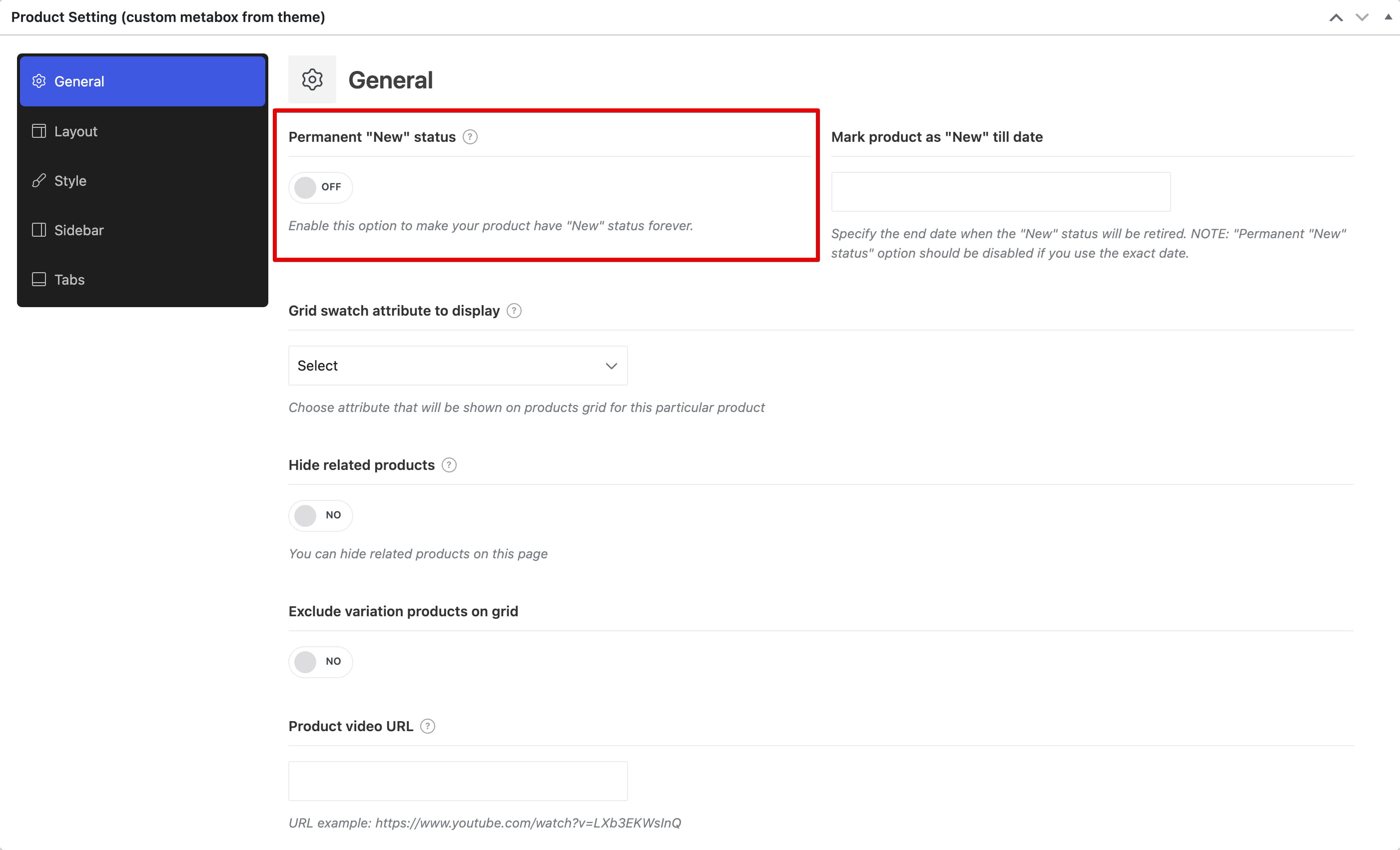 Product settings screen showing the General tab with a Permanent “New” status option and related fields