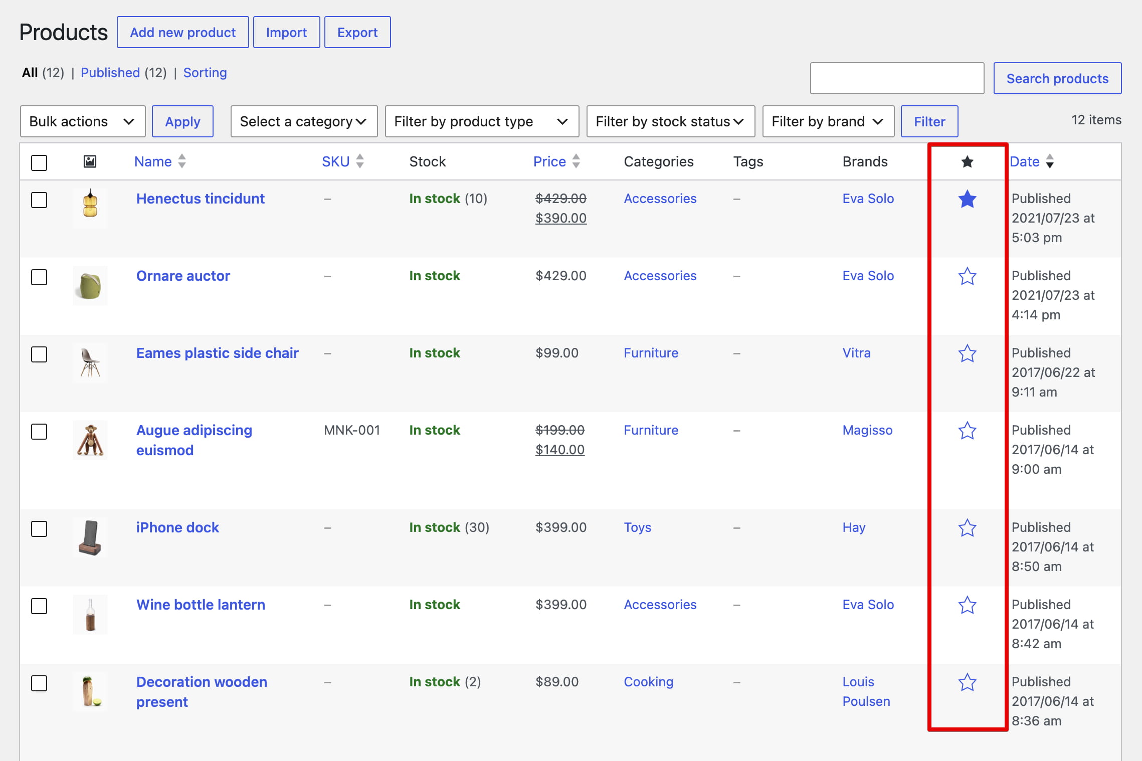 Featured product toggle column