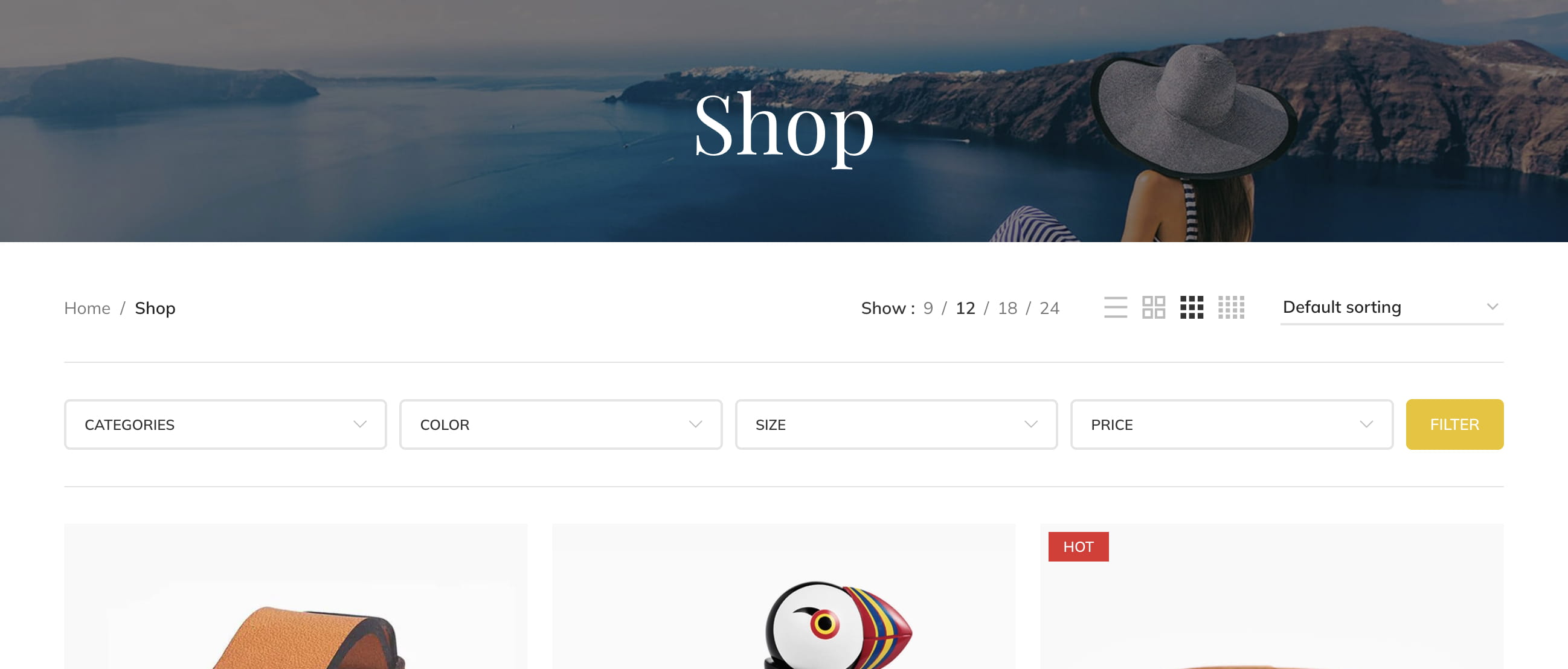 Shop page with product filters and sorting options