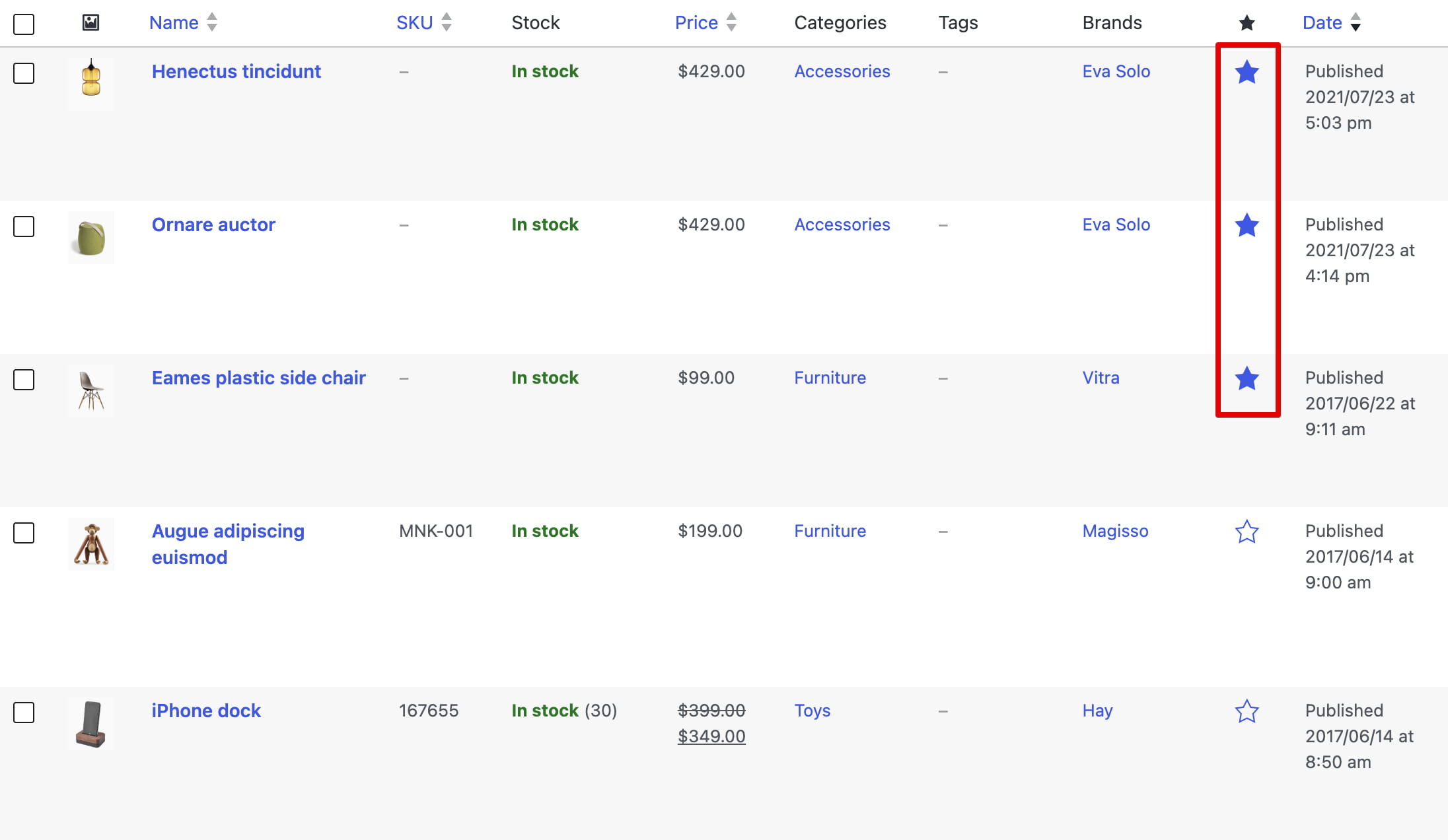 Featured product toggle