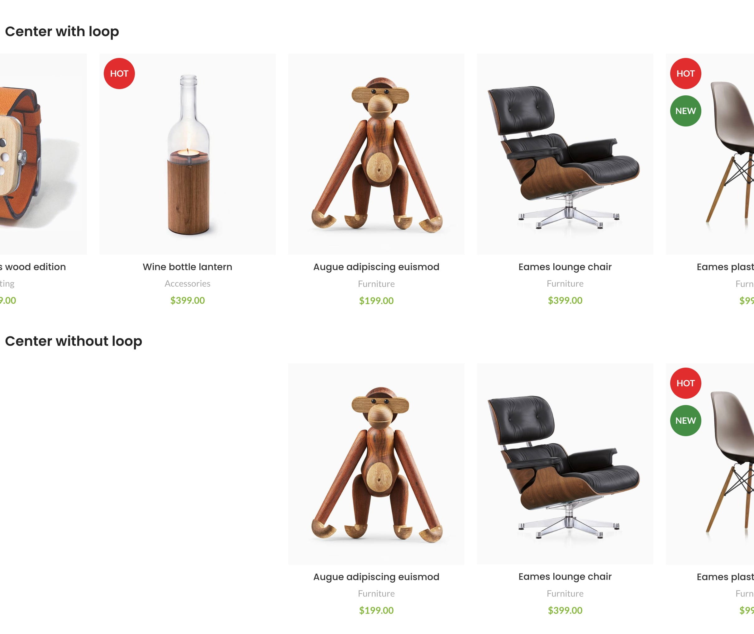 Product carousel example showing centered items with and without looping