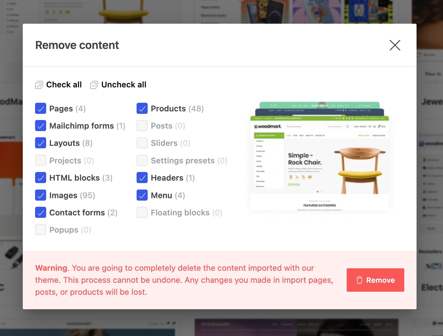 Remove content dialog with selected content types and a warning that deletion cannot be undone