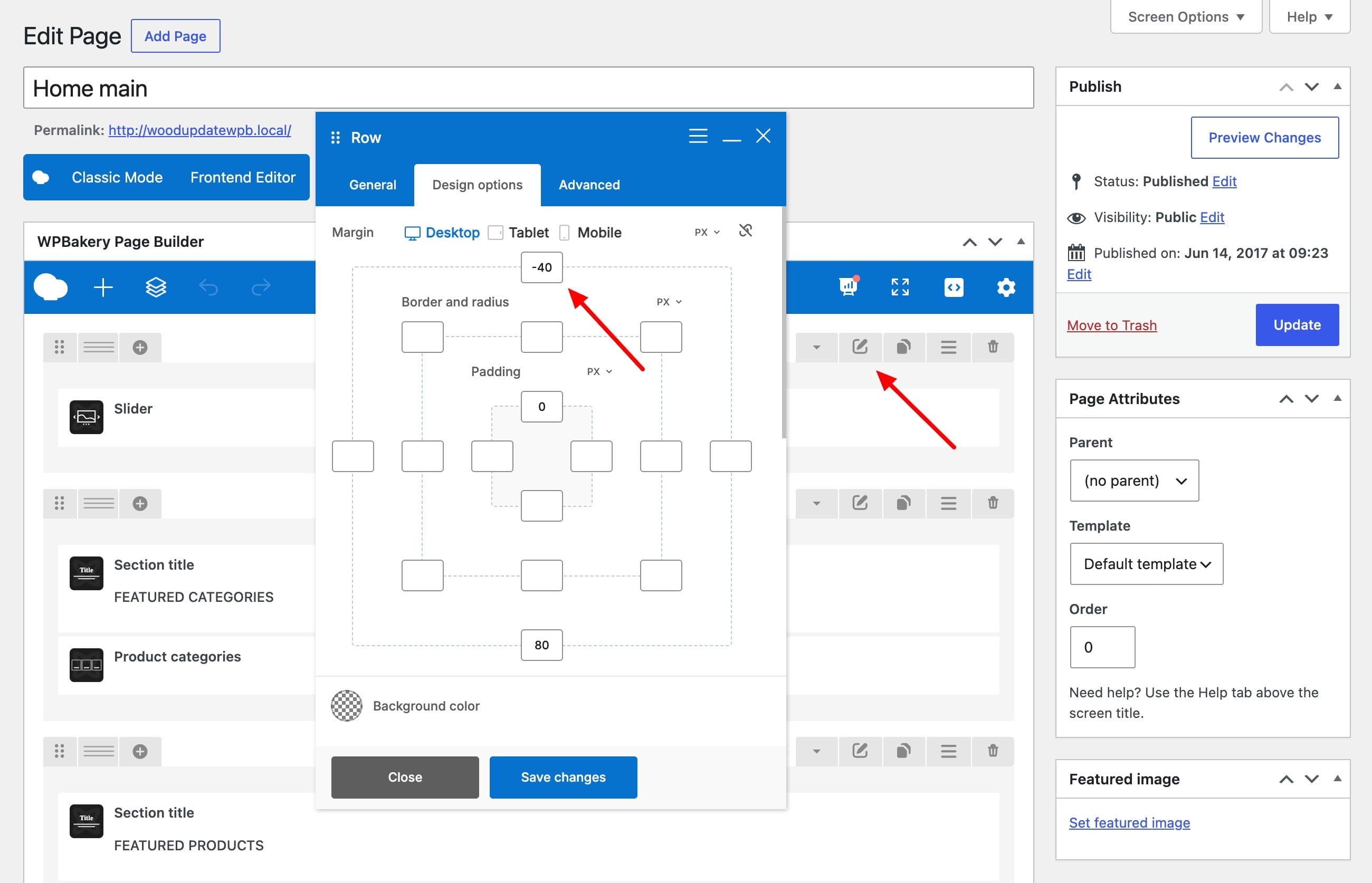 WPBakery Page Builder row settings showing desktop margin set to -40 px and padding set to 0 px