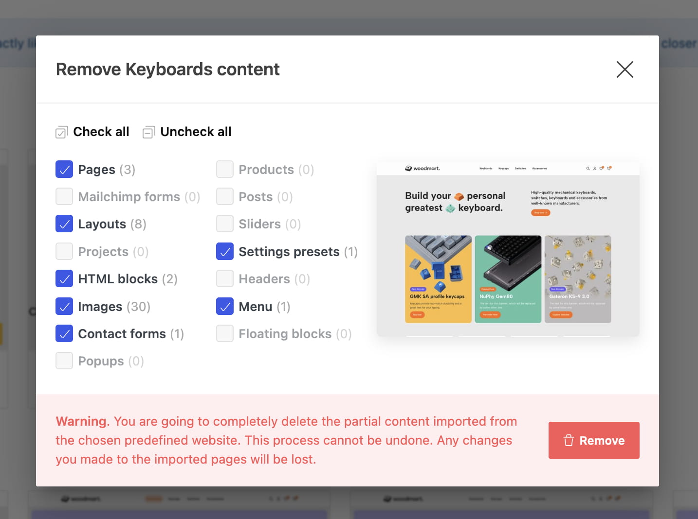 Confirmation dialog for removing keyboard content, with selected content categories and an irreversible Remove button