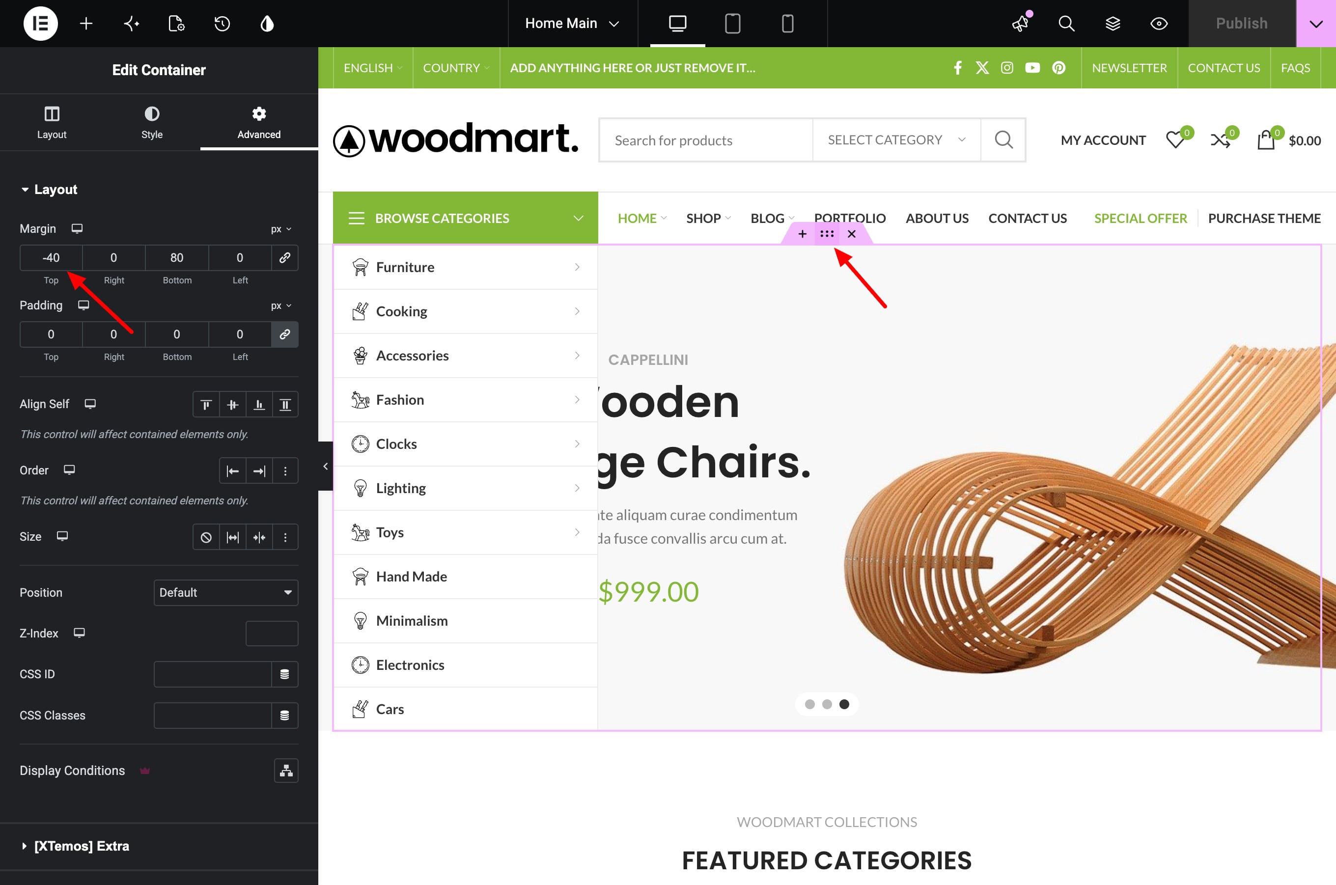 Website editor showing a container’s Advanced layout settings, including margin values and the container toolbar