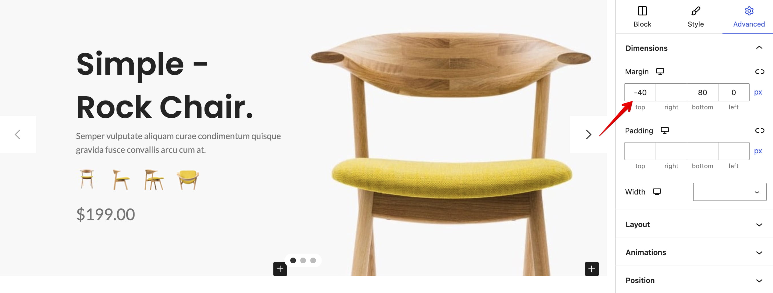 Wooden rocking chair with a yellow upholstered seat and curved armrests