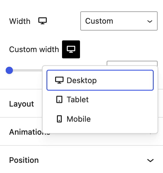 Desktop width preset menu