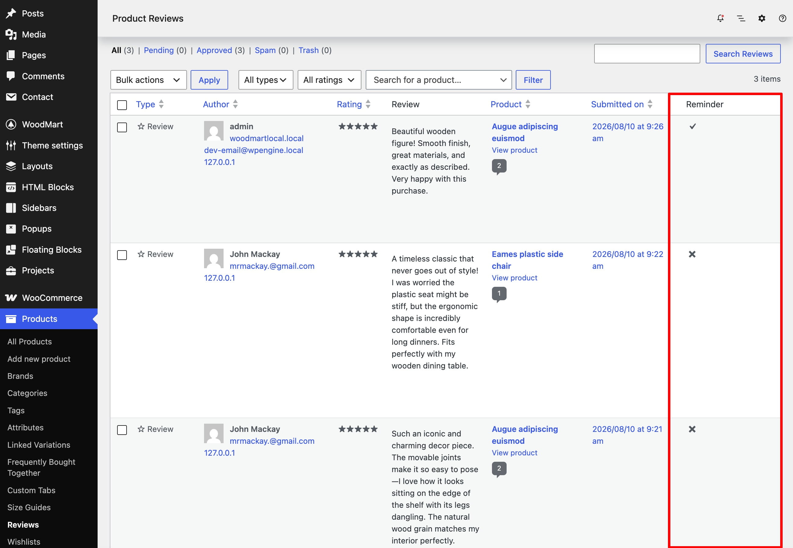 Product reviews list with a Reminder status column showing checkmarks and X icons