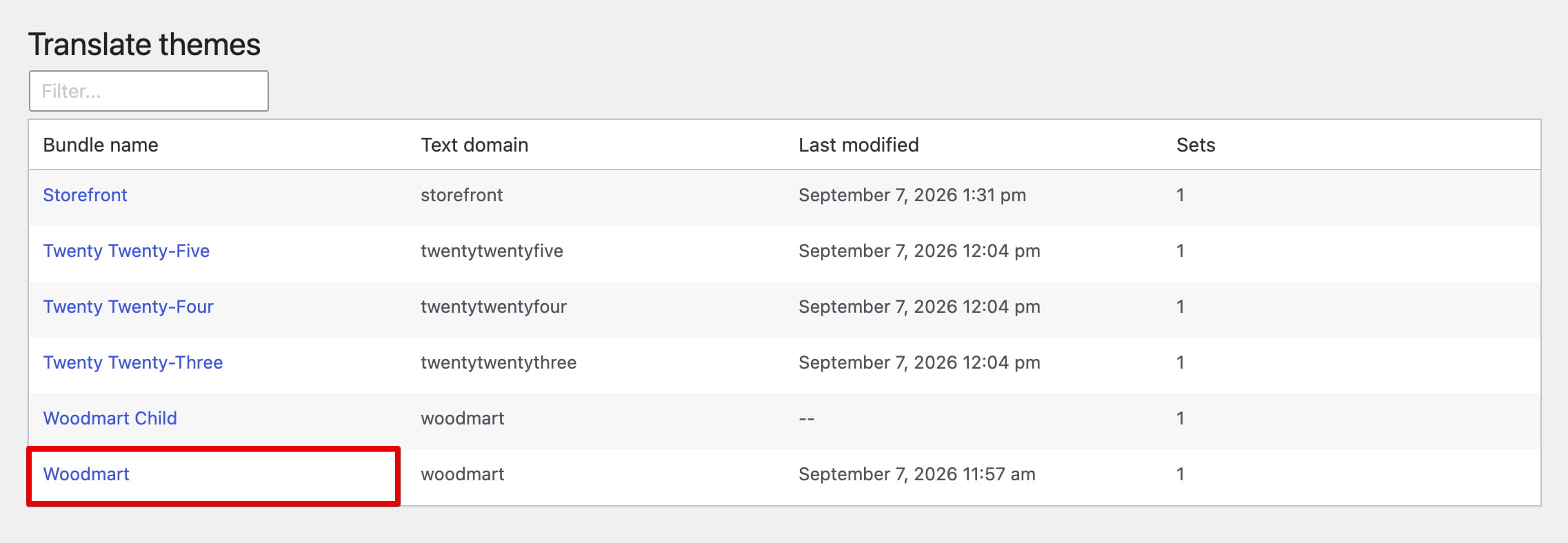Translate themes page listing theme bundles, with the Woodmart row highlighted