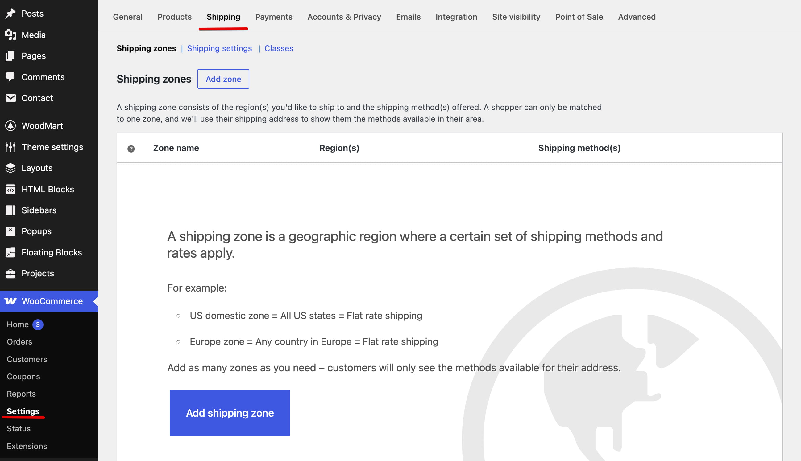 WooCommerce Shipping settings page showing the Shipping zones section with an Add shipping zone button