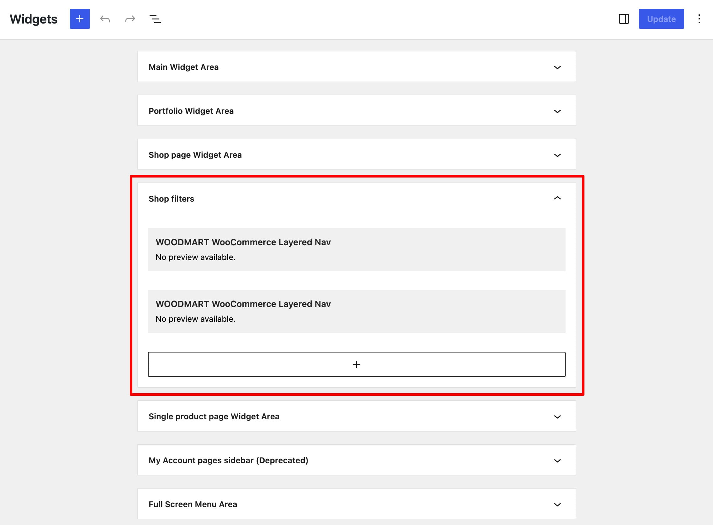 Shop filters widget area with two WOODMART WooCommerce Layered Nav widgets