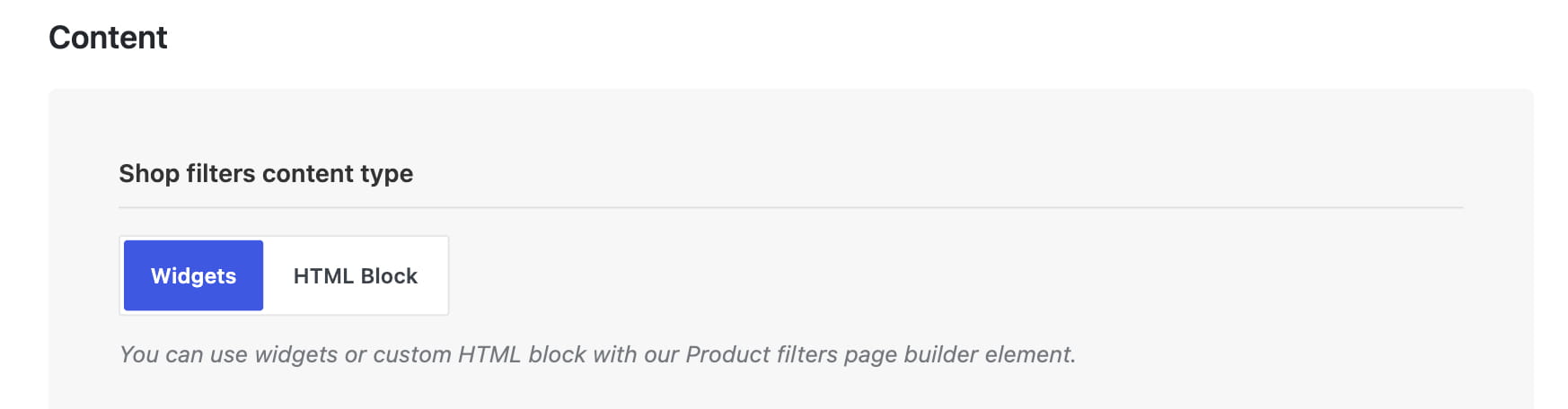 shop filters content settings