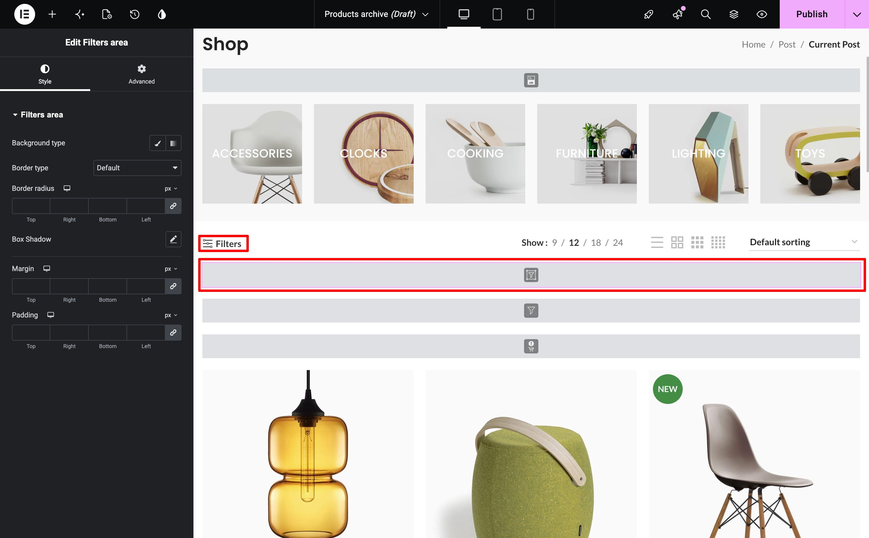 Shop page layout filter on Elementor